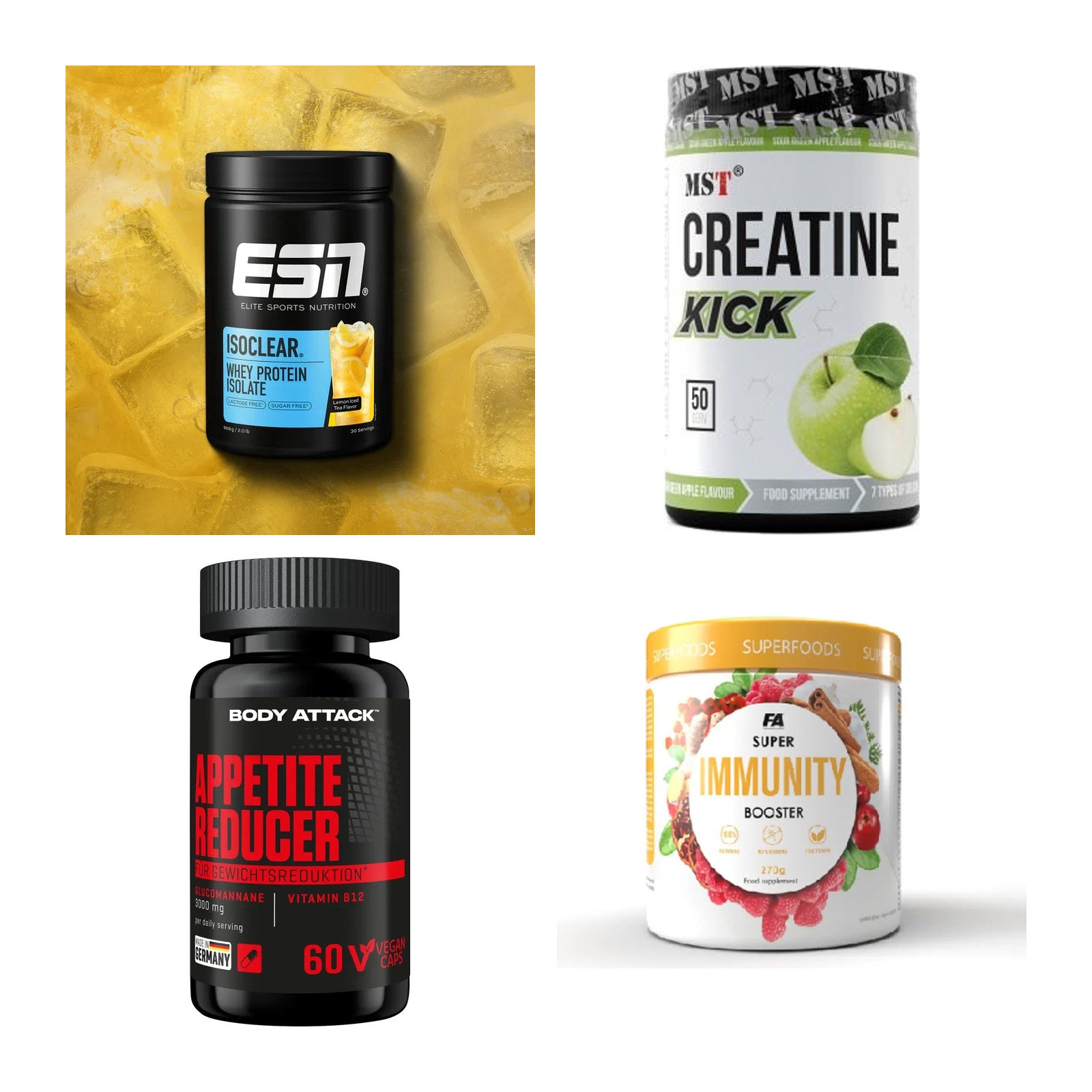 Wettkampfvorbereitung: ESN ISOCLEAR + MST Creatine + 2 weitere – alle enthaltenen Artikel