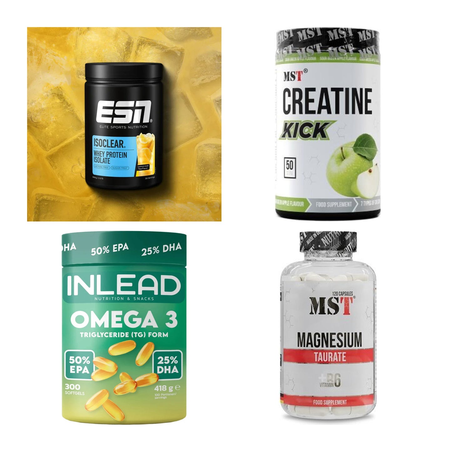 Wettkampfvorbereitung: ESN ISOCLEAR + MST Creatine + 2 weitere – alle enthaltenen Artikel