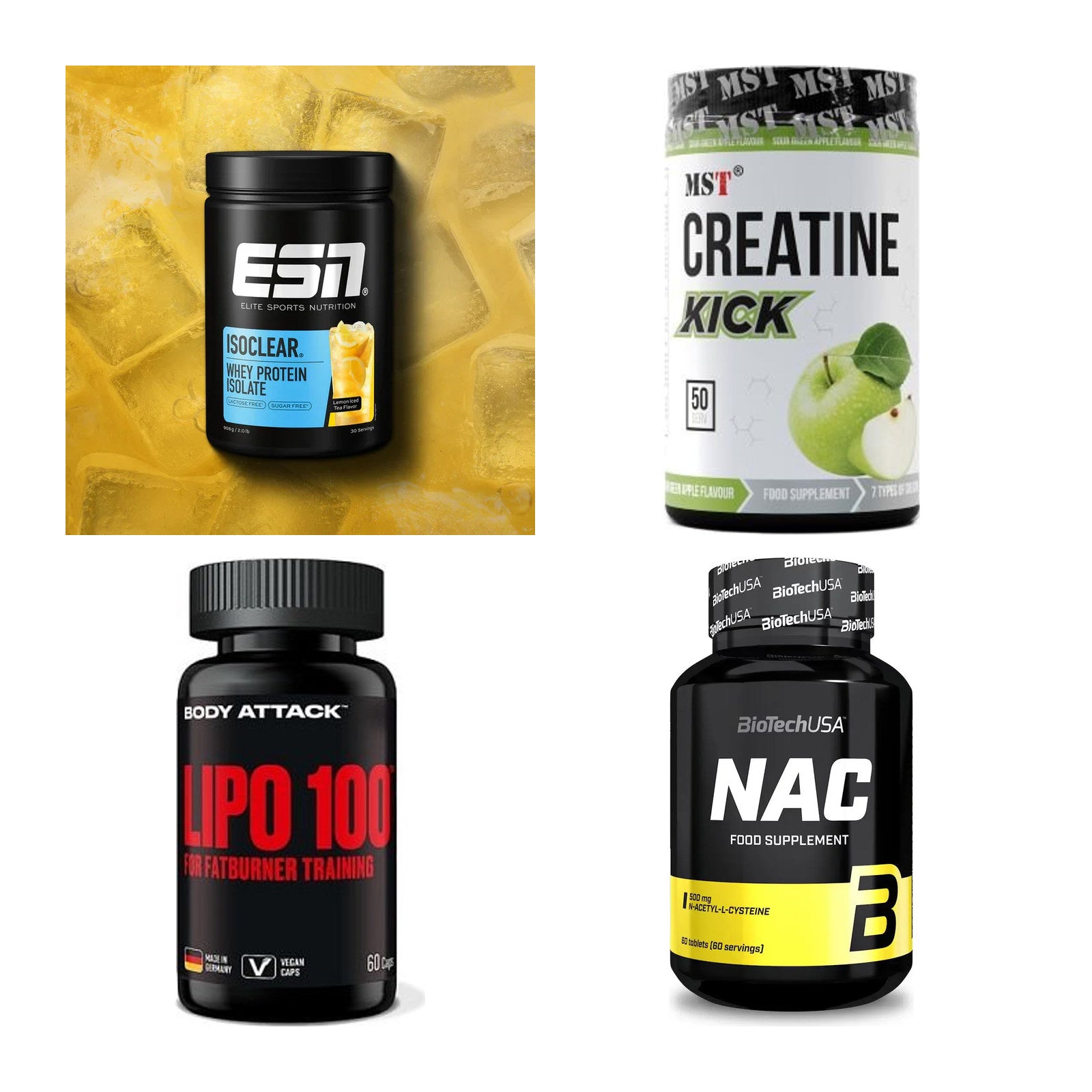 Wettkampfvorbereitung: ESN ISOCLEAR + MST Creatine + 2 weitere – alle enthaltenen Artikel