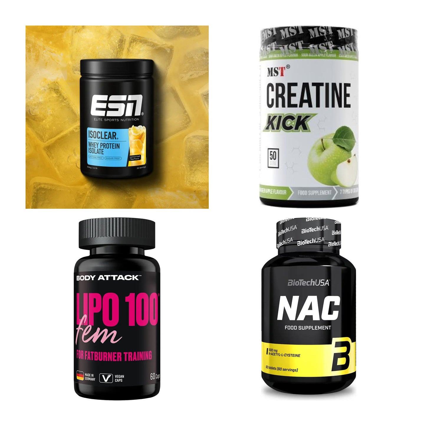 Wettkampfvorbereitung: ESN ISOCLEAR + MST Creatine + 2 weitere – alle enthaltenen Artikel