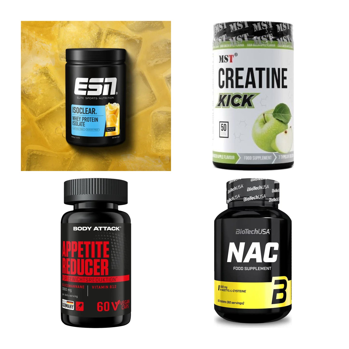 Wettkampfvorbereitung: ESN ISOCLEAR + MST Creatine + 2 weitere – alle enthaltenen Artikel