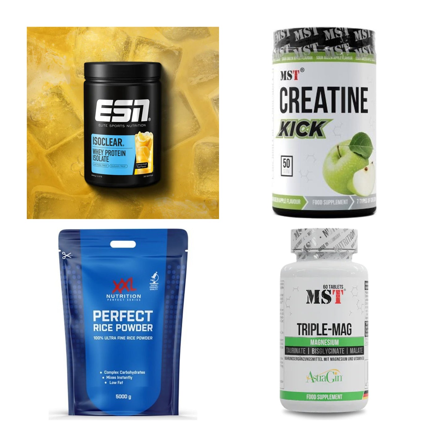 Wettkampfvorbereitung: ESN ISOCLEAR + MST Creatine + 2 weitere – alle enthaltenen Artikel