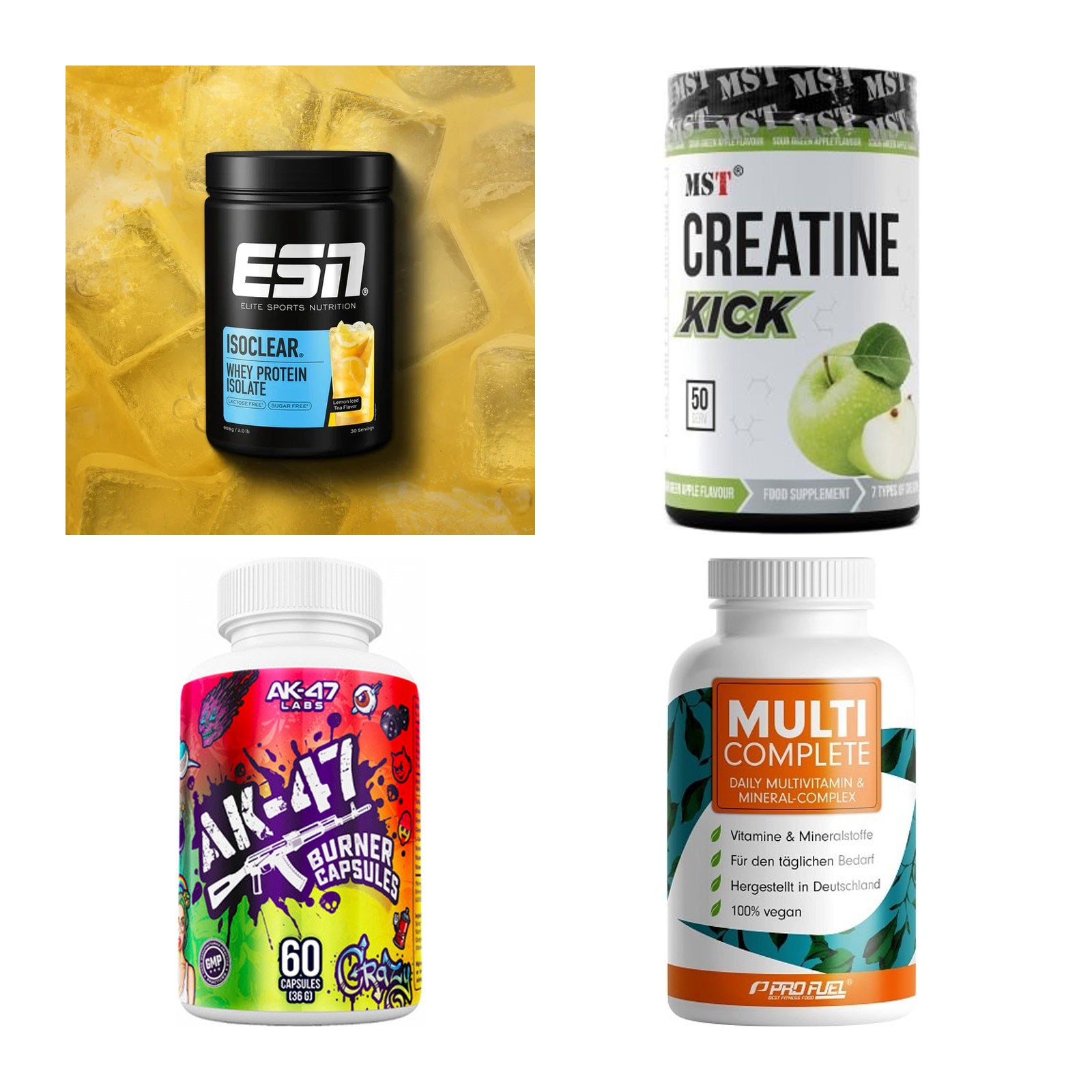 Wettkampfvorbereitung: ESN ISOCLEAR + MST Creatine + 2 weitere – alle enthaltenen Artikel