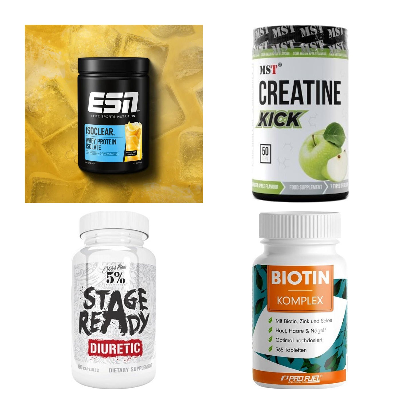 Wettkampfvorbereitung: ESN ISOCLEAR + MST Creatine + 2 weitere – alle enthaltenen Artikel