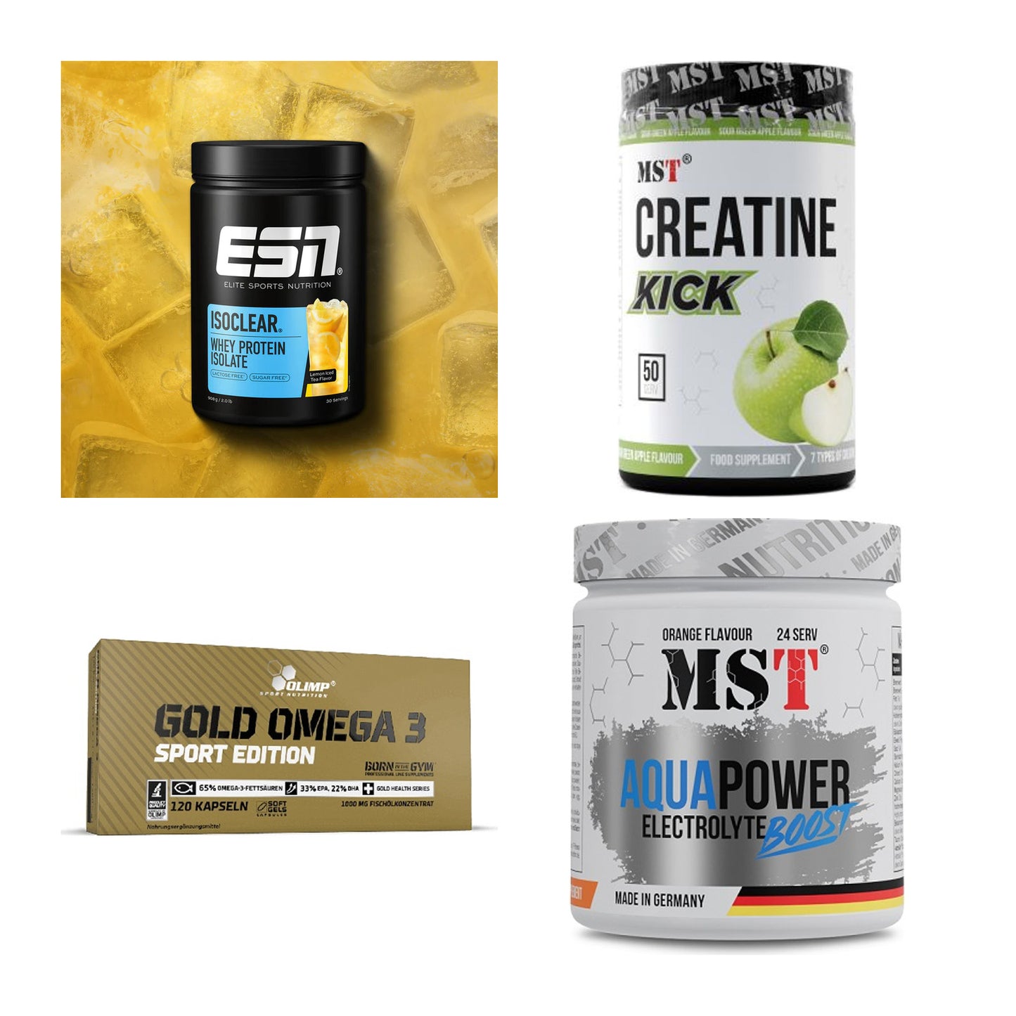 Wettkampfvorbereitung: ESN ISOCLEAR + MST Creatine + 2 weitere – alle enthaltenen Artikel