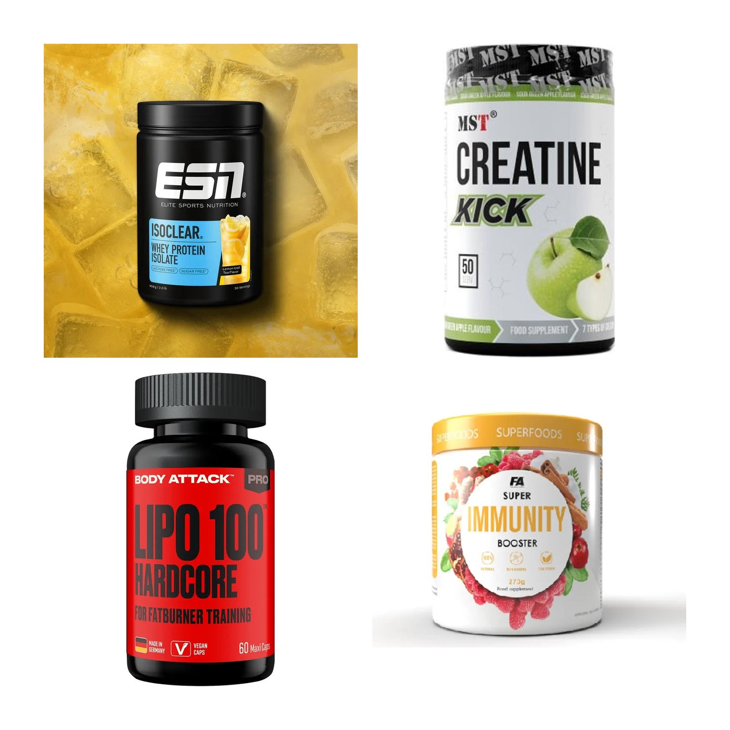 Wettkampfvorbereitung: ESN ISOCLEAR + MST Creatine + 2 weitere – alle enthaltenen Artikel