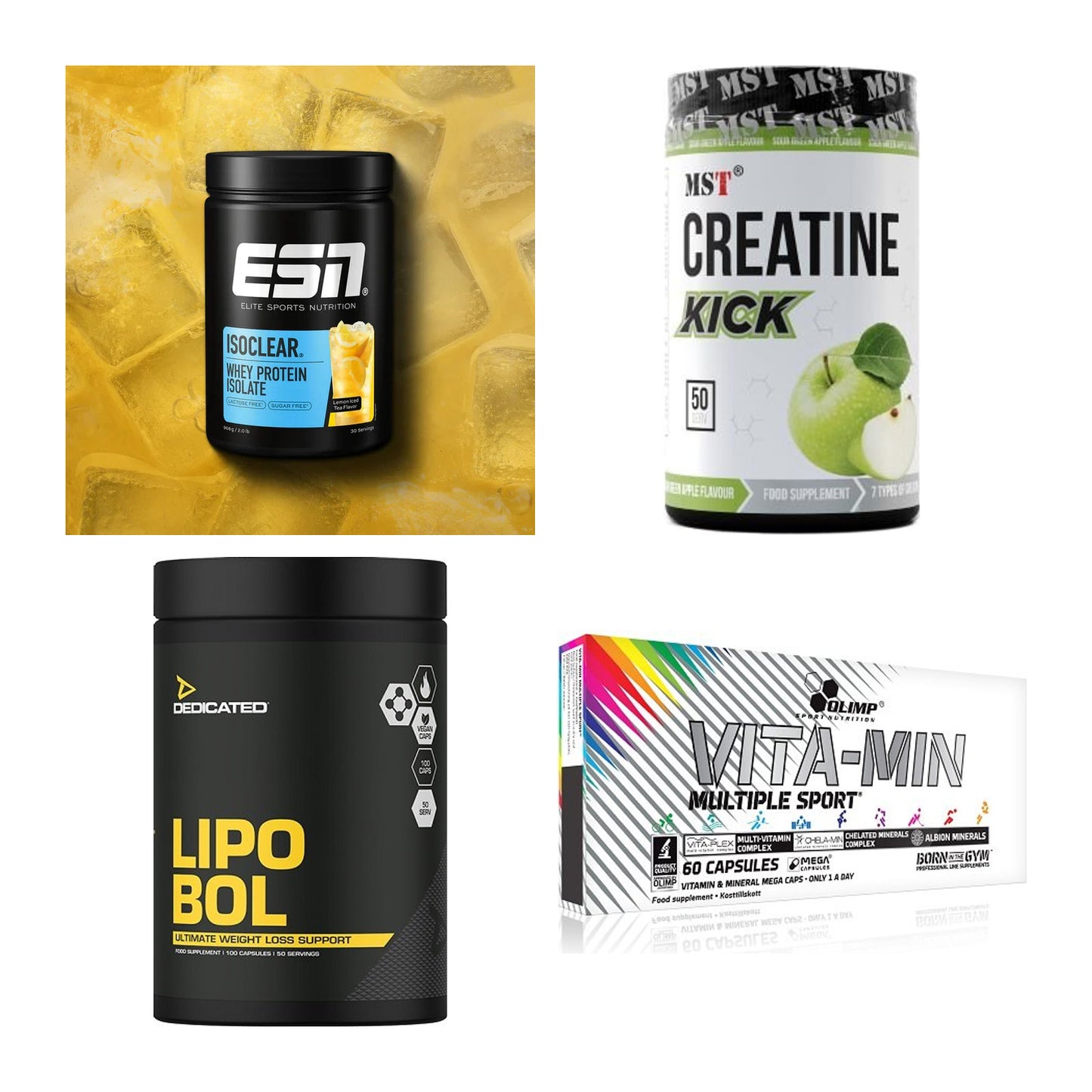 Wettkampfvorbereitung: ESN ISOCLEAR + MST Creatine + 2 weitere – alle enthaltenen Artikel