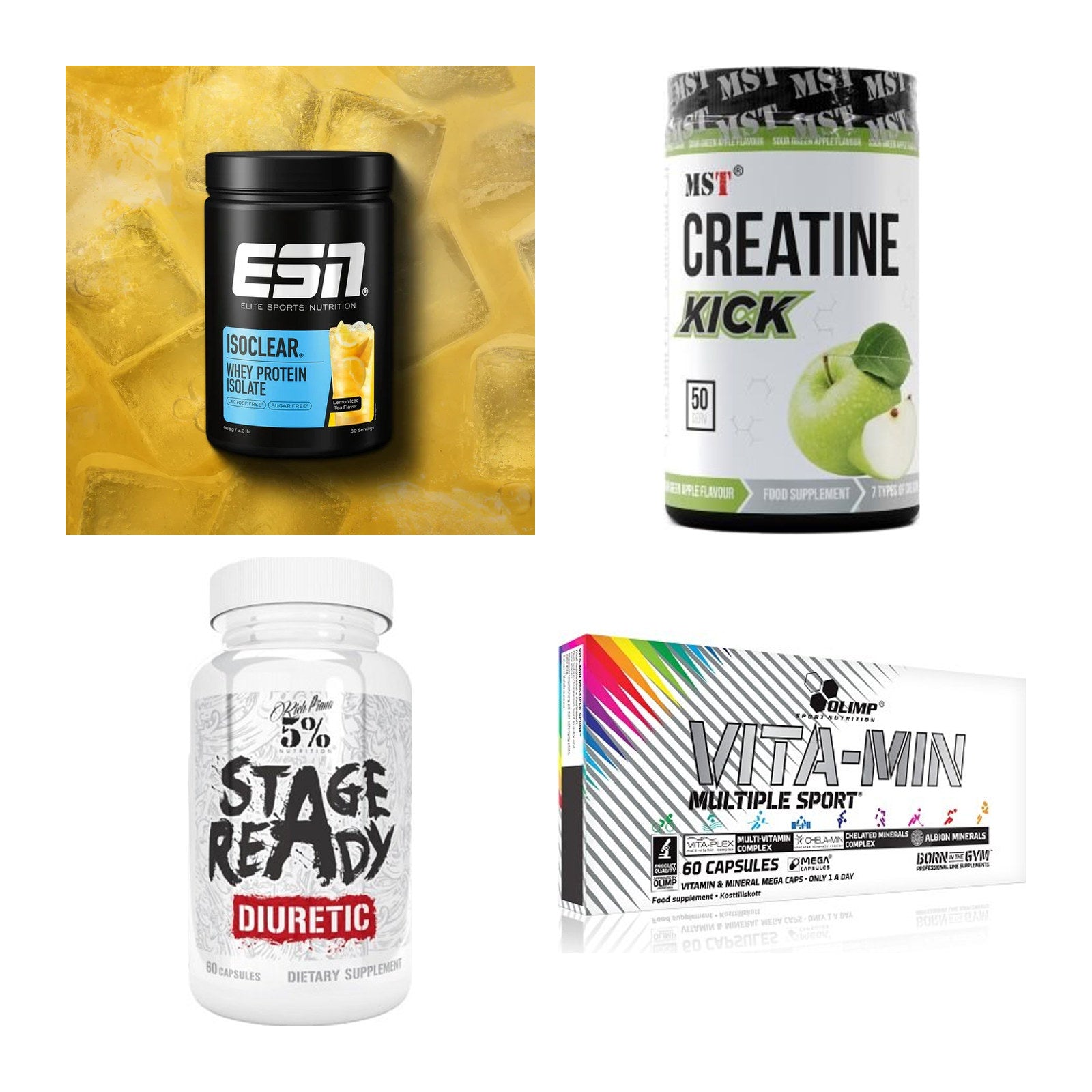 Wettkampfvorbereitung: ESN ISOCLEAR + MST Creatine + 2 weitere – alle enthaltenen Artikel
