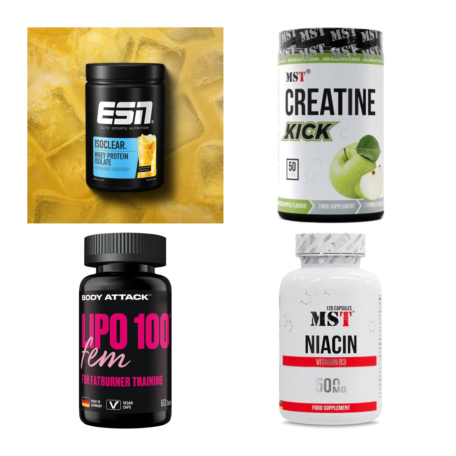 Wettkampfvorbereitung: ESN ISOCLEAR + MST Creatine + 2 weitere – alle enthaltenen Artikel