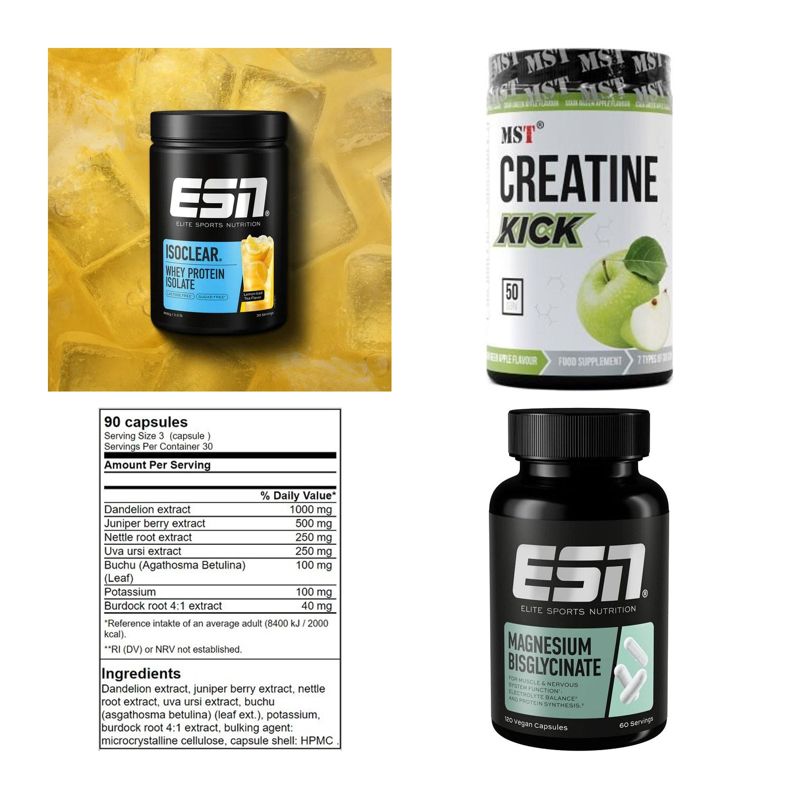 Wettkampfvorbereitung: ESN ISOCLEAR + MST Creatine + 2 weitere – alle enthaltenen Artikel