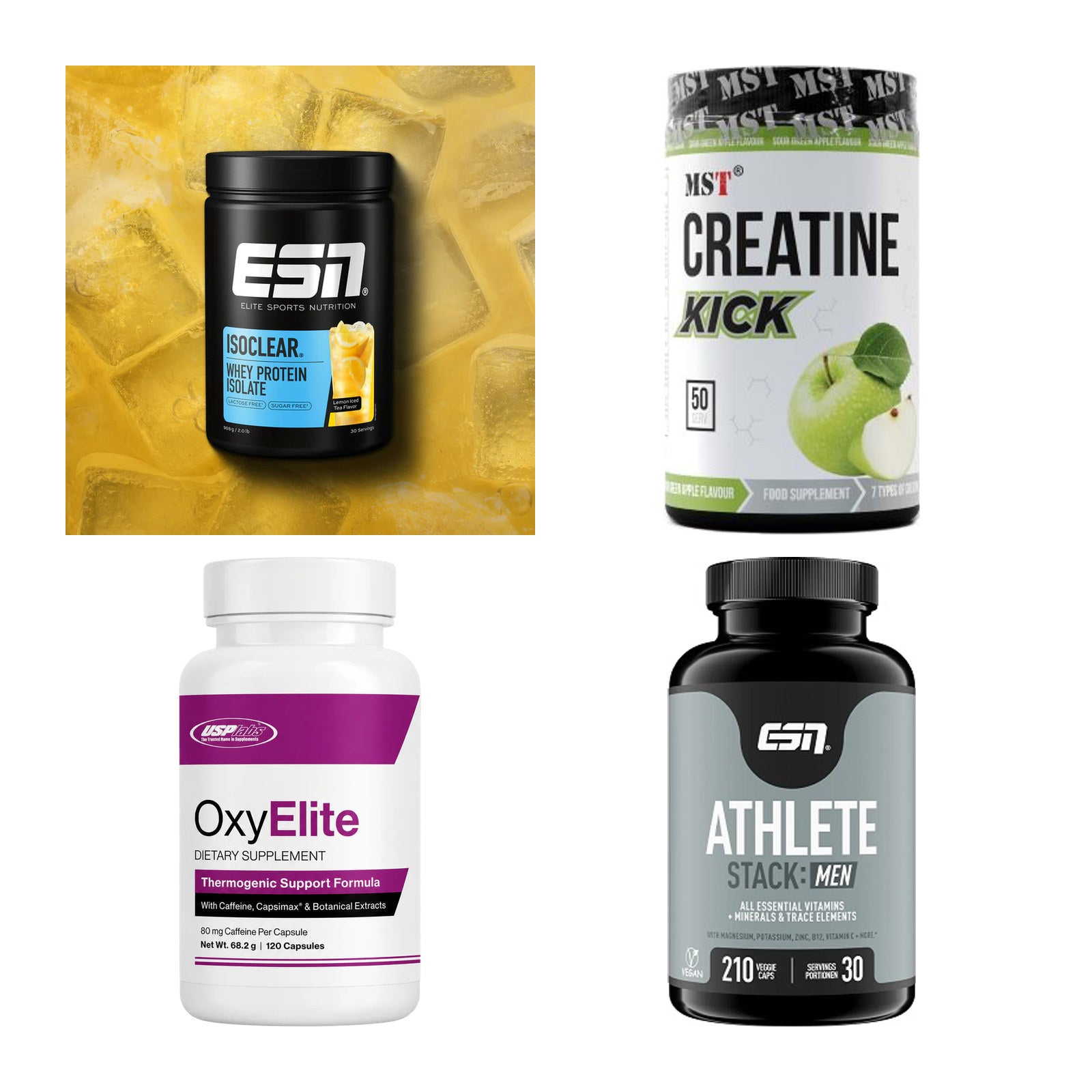 Wettkampfvorbereitung: ESN ISOCLEAR + MST Creatine + 2 weitere – alle enthaltenen Artikel