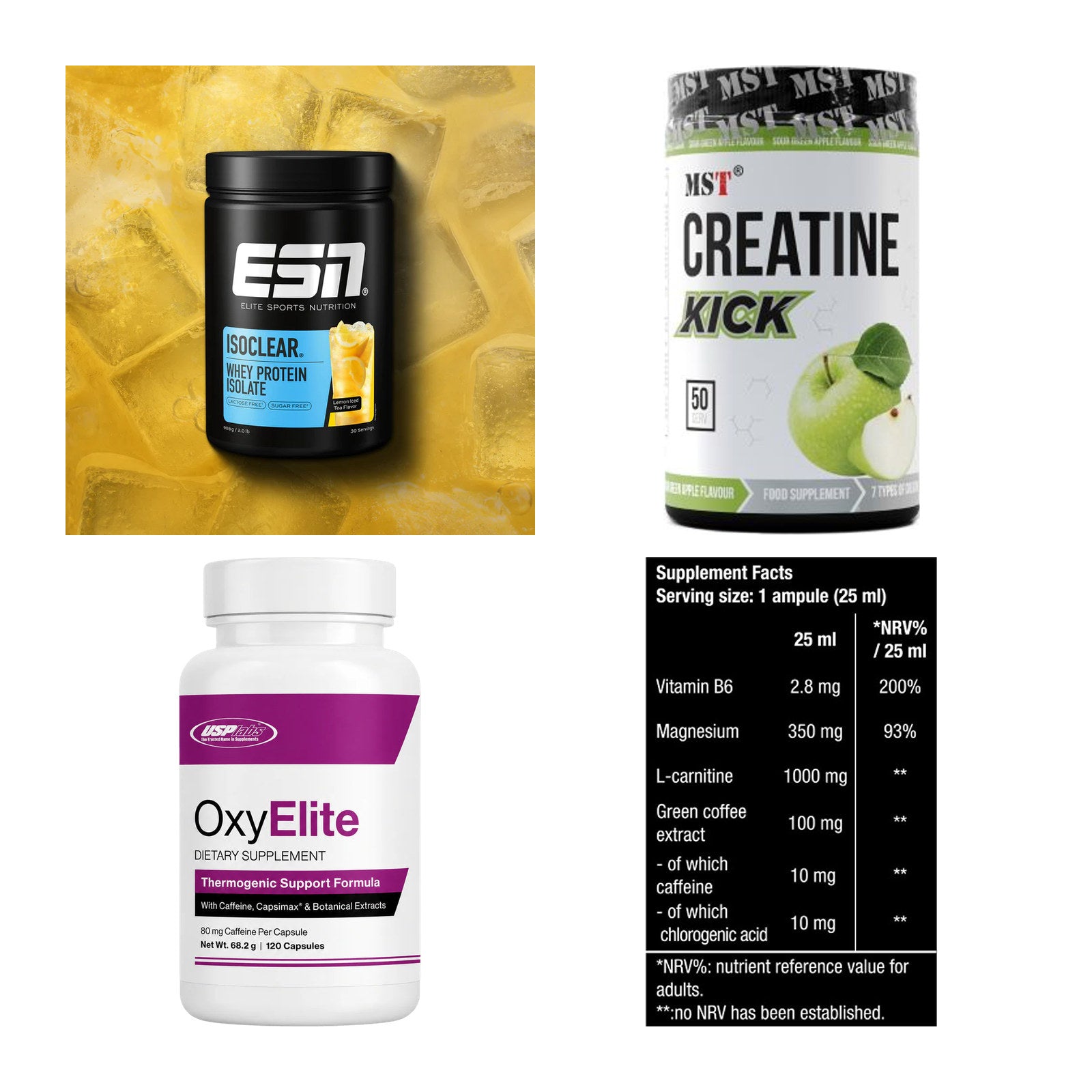 Wettkampfvorbereitung: ESN ISOCLEAR + MST Creatine + 2 weitere – alle enthaltenen Artikel