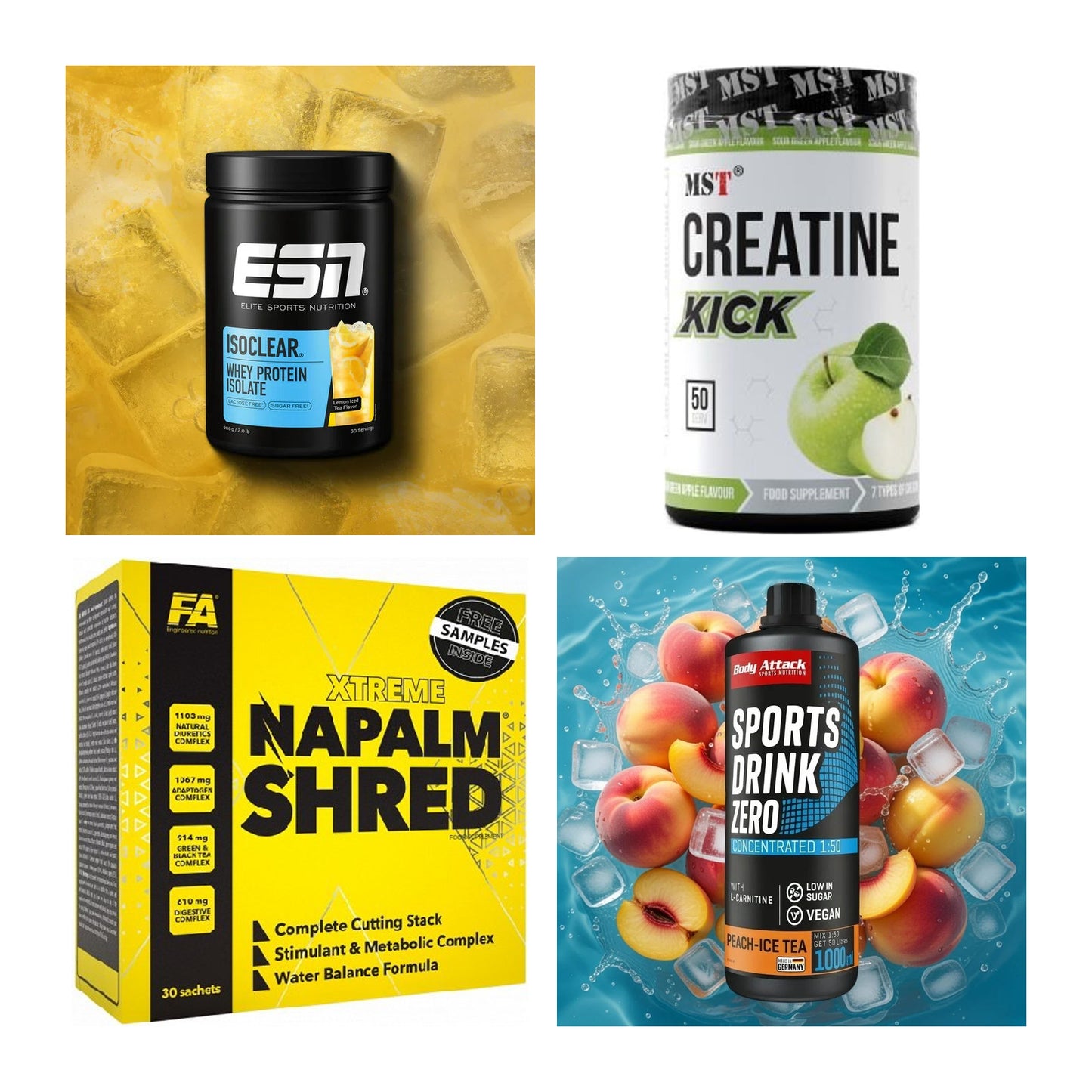 Wettkampfvorbereitung: ESN ISOCLEAR + MST Creatine + 2 weitere – alle enthaltenen Artikel