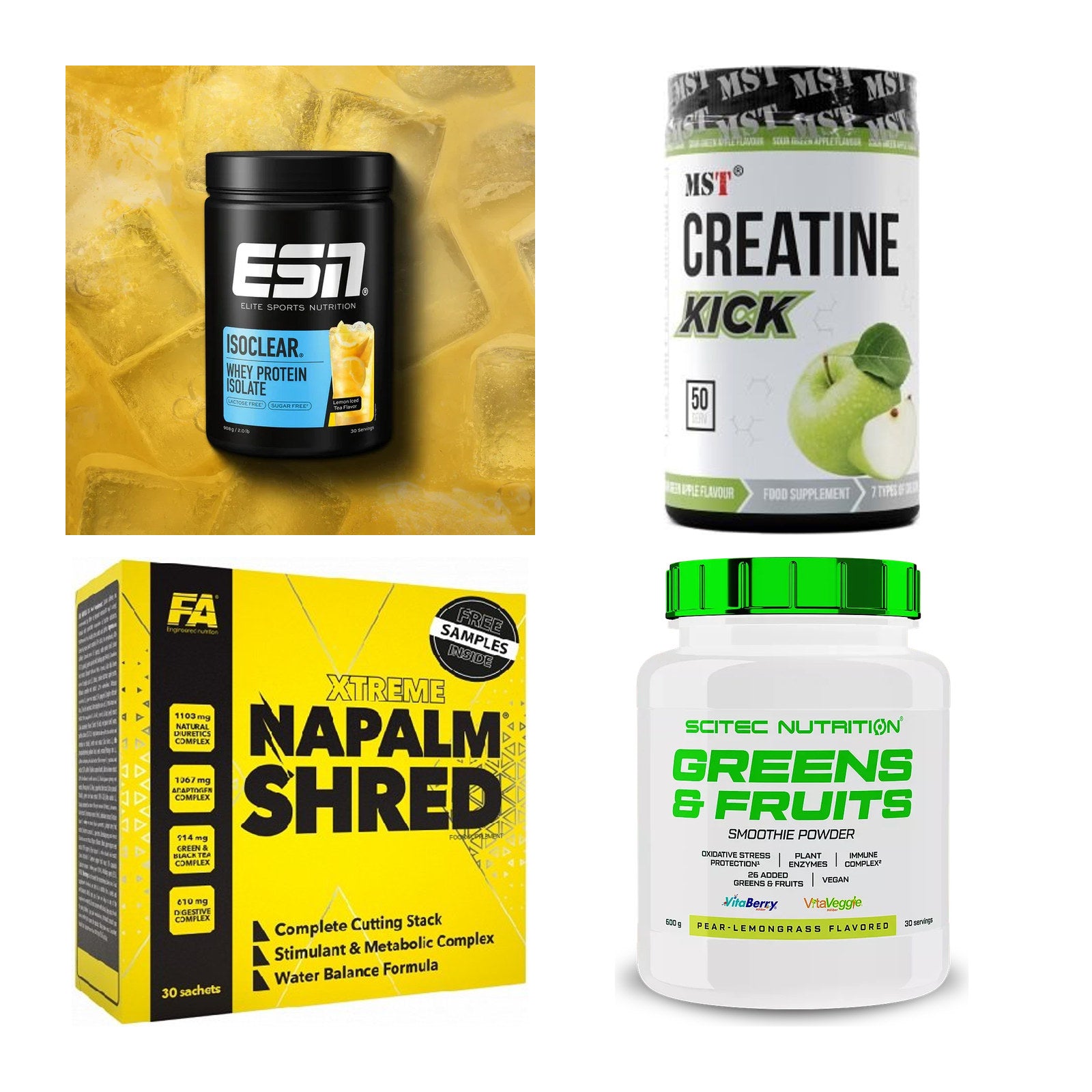 Wettkampfvorbereitung: ESN ISOCLEAR + MST Creatine + 2 weitere – alle enthaltenen Artikel