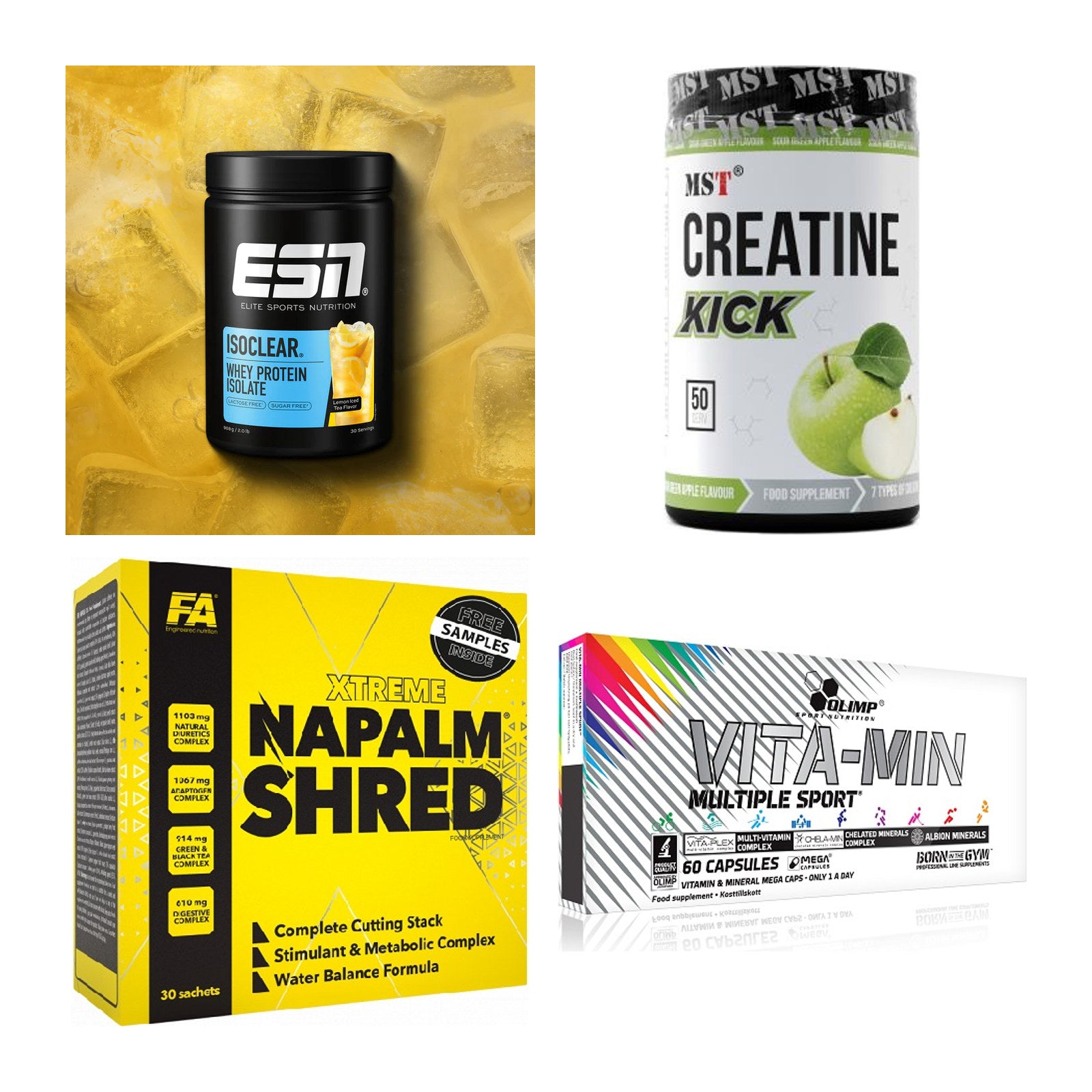 Wettkampfvorbereitung: ESN ISOCLEAR + MST Creatine + 2 weitere – alle enthaltenen Artikel