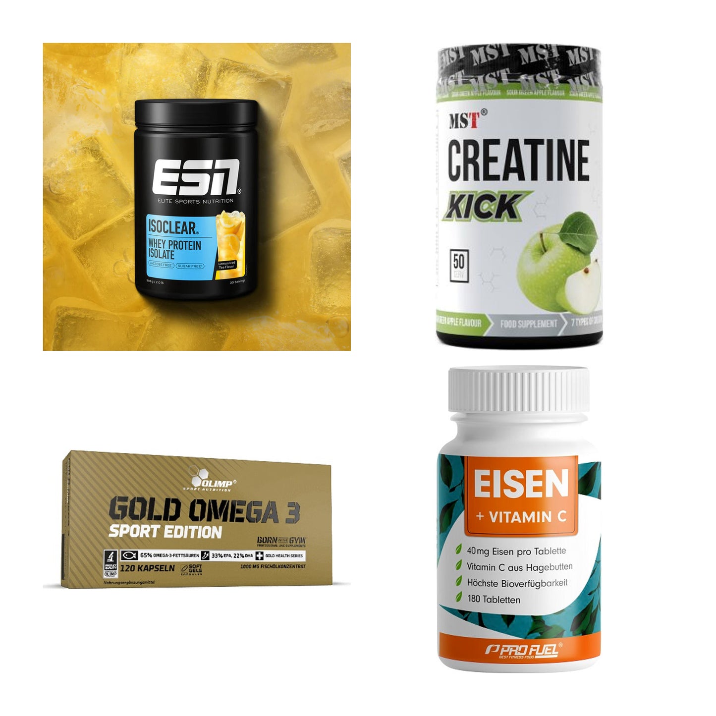 Wettkampfvorbereitung: ESN ISOCLEAR + MST Creatine + 2 weitere – alle enthaltenen Artikel