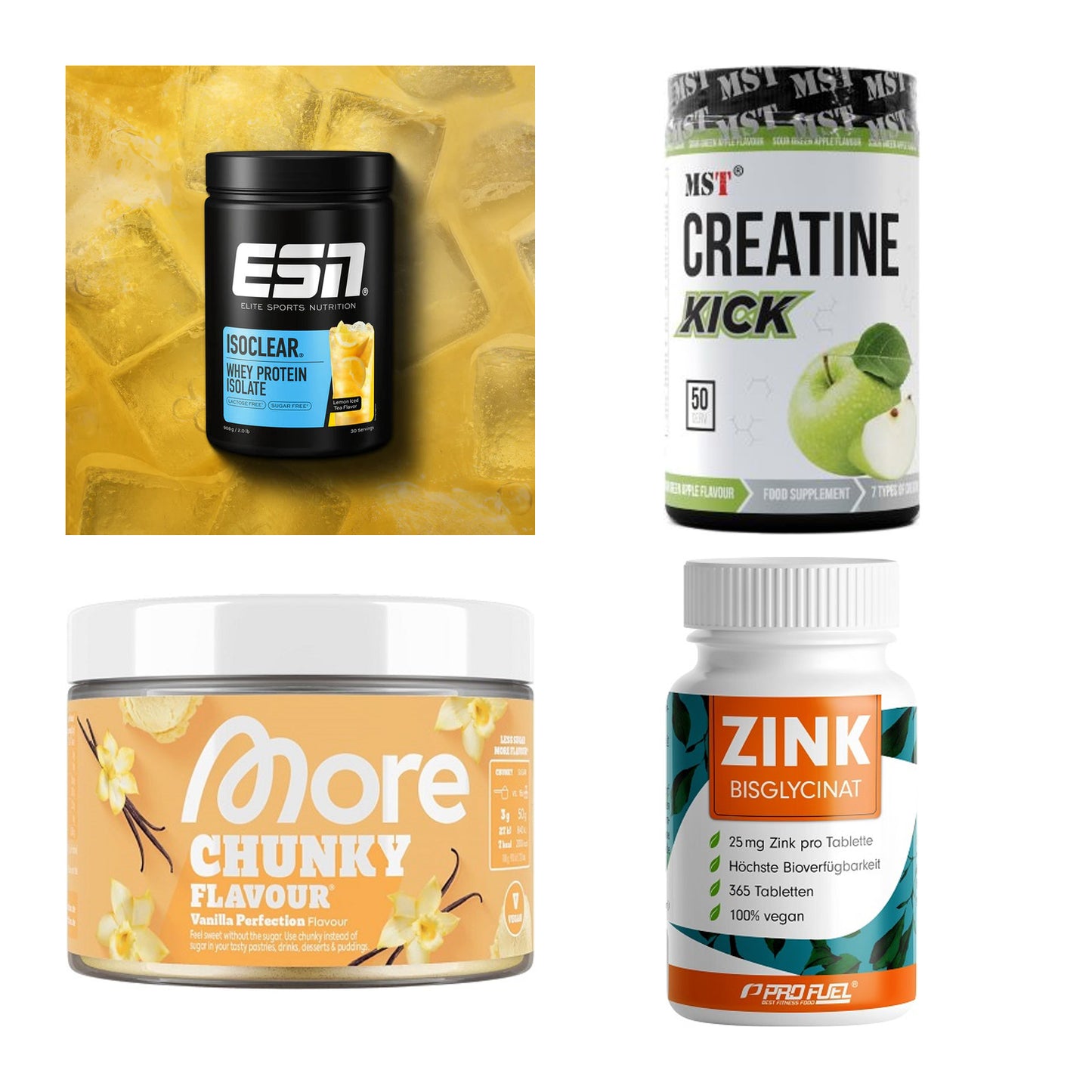 Wettkampfvorbereitung: ESN ISOCLEAR + MST Creatine + 2 weitere – alle enthaltenen Artikel