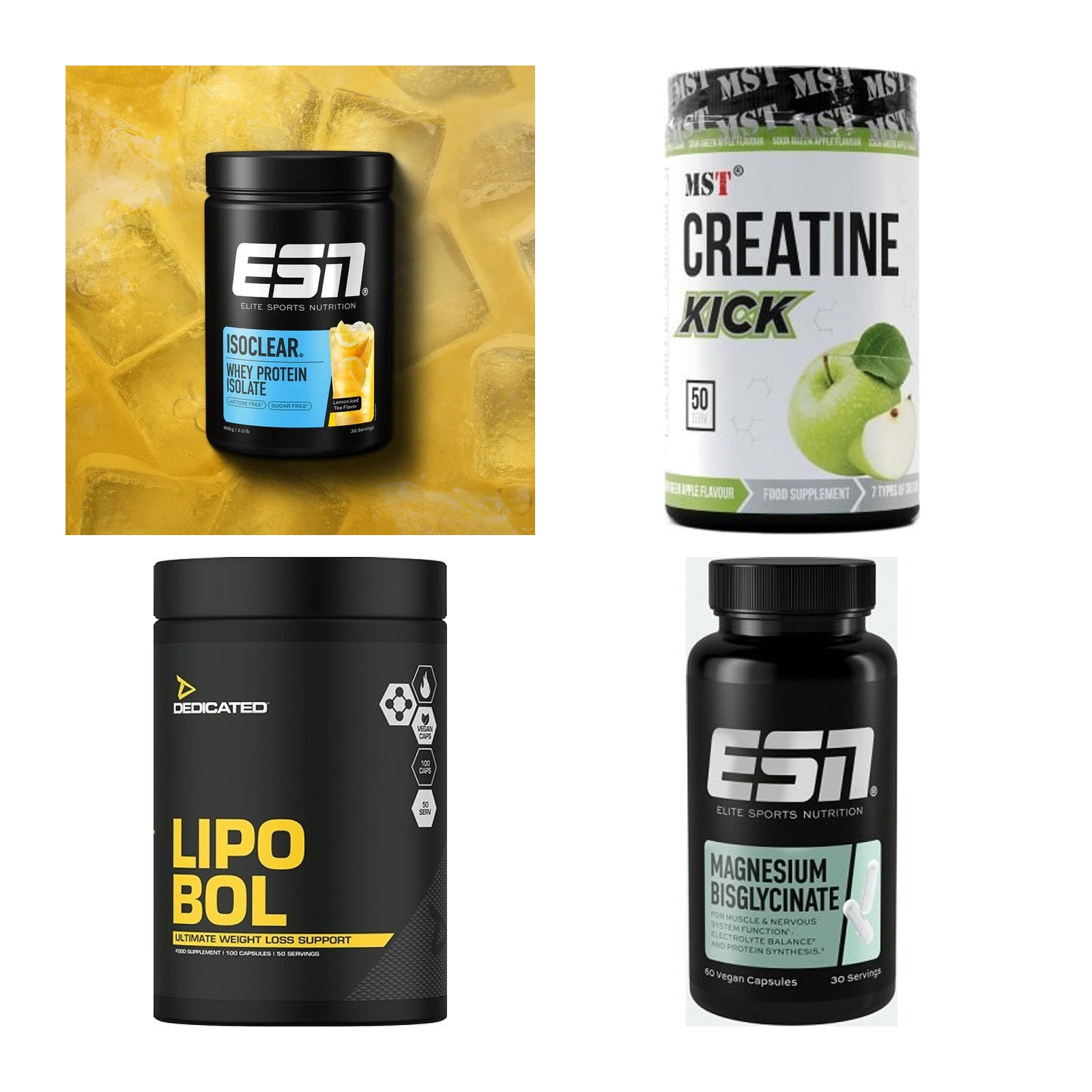 Wettkampfvorbereitung: ESN ISOCLEAR + MST Creatine + 2 weitere – alle enthaltenen Artikel
