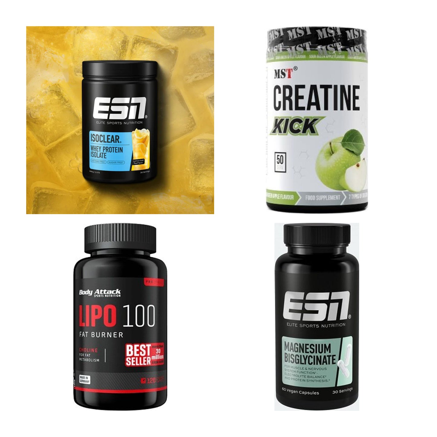 Wettkampfvorbereitung: ESN ISOCLEAR + MST Creatine + 2 weitere – alle enthaltenen Artikel