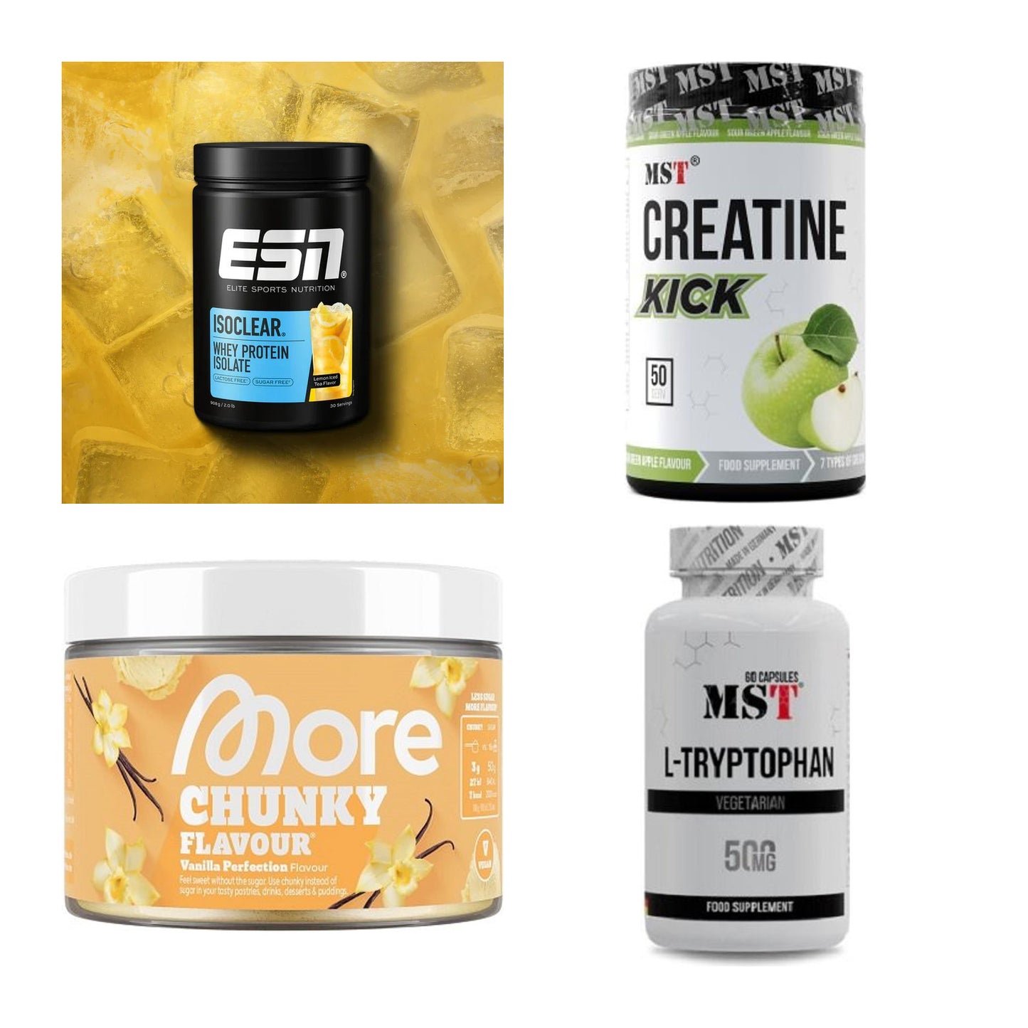 Wettkampfvorbereitung: ESN ISOCLEAR + MST Creatine + 2 weitere – alle enthaltenen Artikel