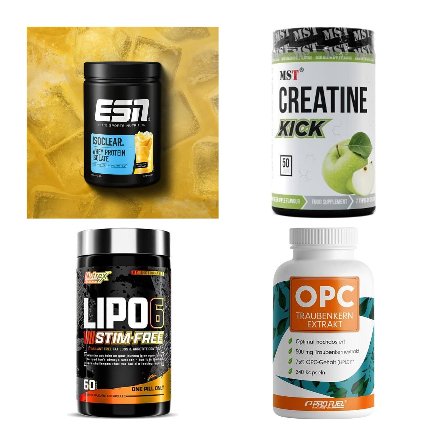 Wettkampfvorbereitung: ESN ISOCLEAR + MST Creatine + 2 weitere – alle enthaltenen Artikel