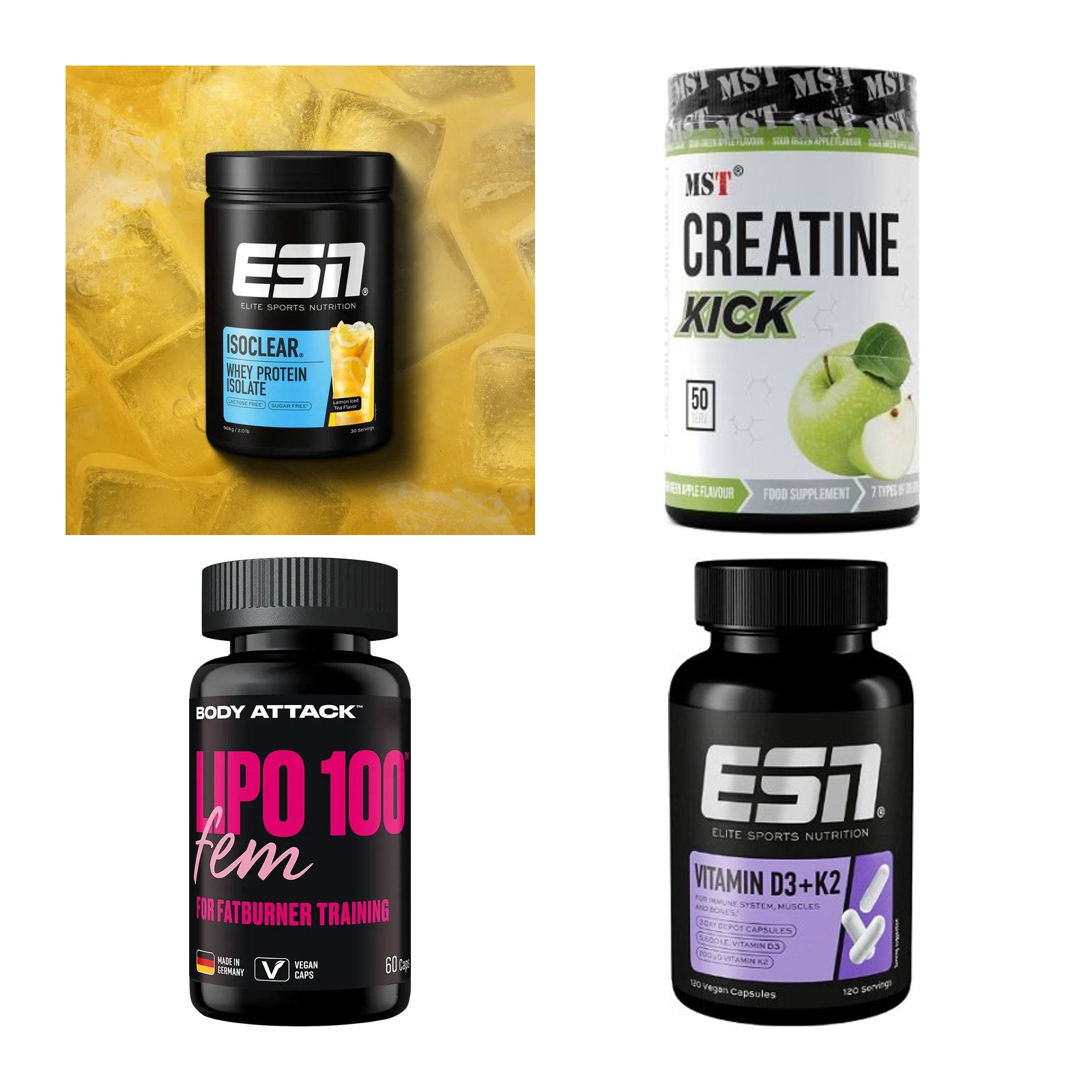 Wettkampfvorbereitung: ESN ISOCLEAR + MST Creatine + 2 weitere – alle enthaltenen Artikel