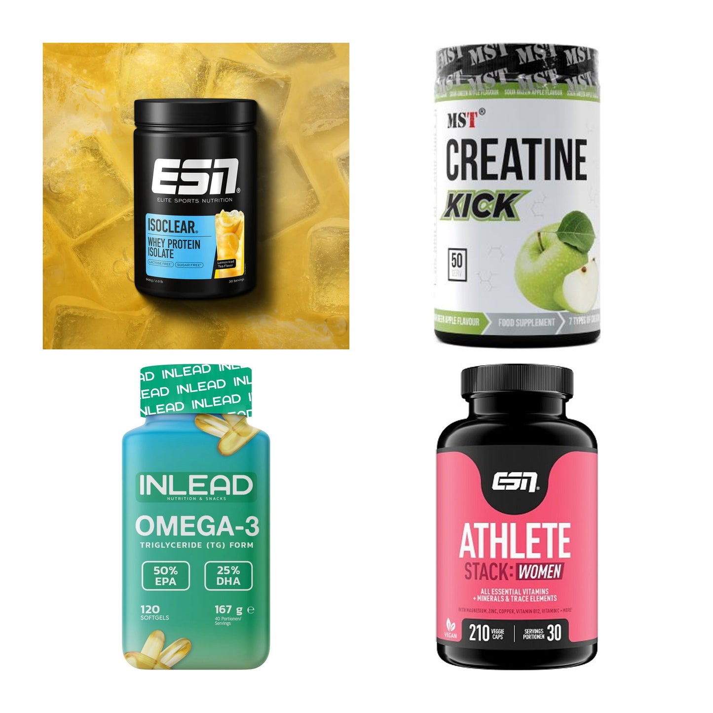 Wettkampfvorbereitung: ESN ISOCLEAR + MST Creatine + 2 weitere – alle enthaltenen Artikel