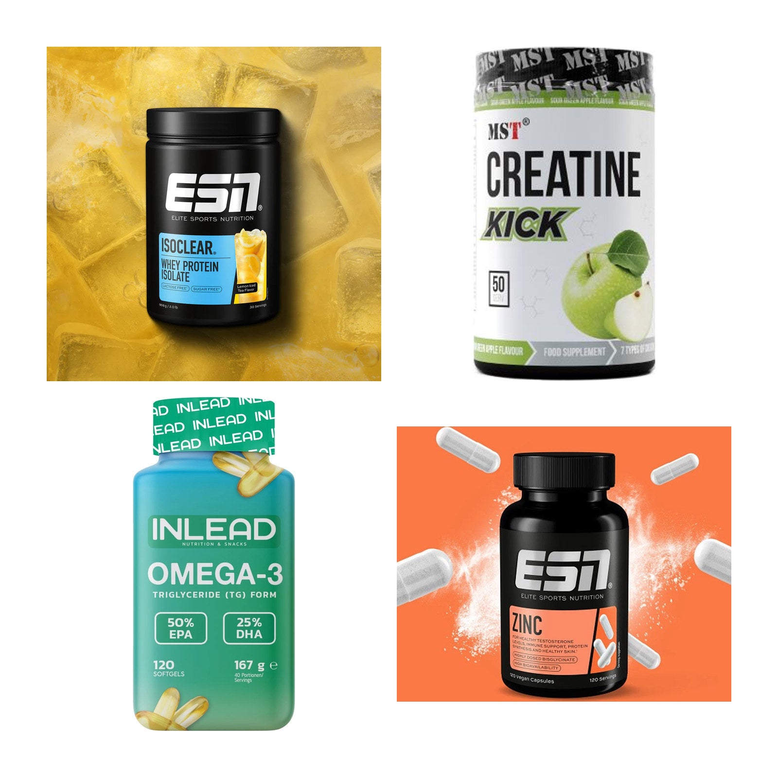 Wettkampfvorbereitung: ESN ISOCLEAR + MST Creatine + 2 weitere – alle enthaltenen Artikel