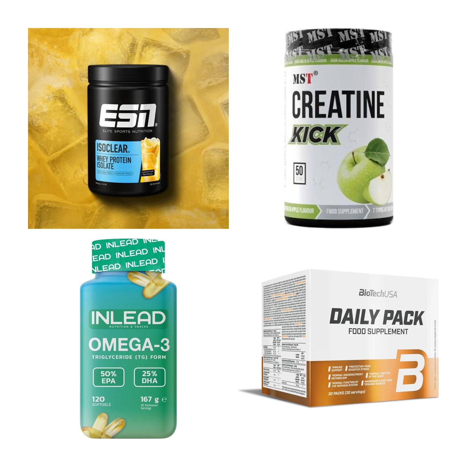 Wettkampfvorbereitung: ESN ISOCLEAR + MST Creatine + 2 weitere – alle enthaltenen Artikel