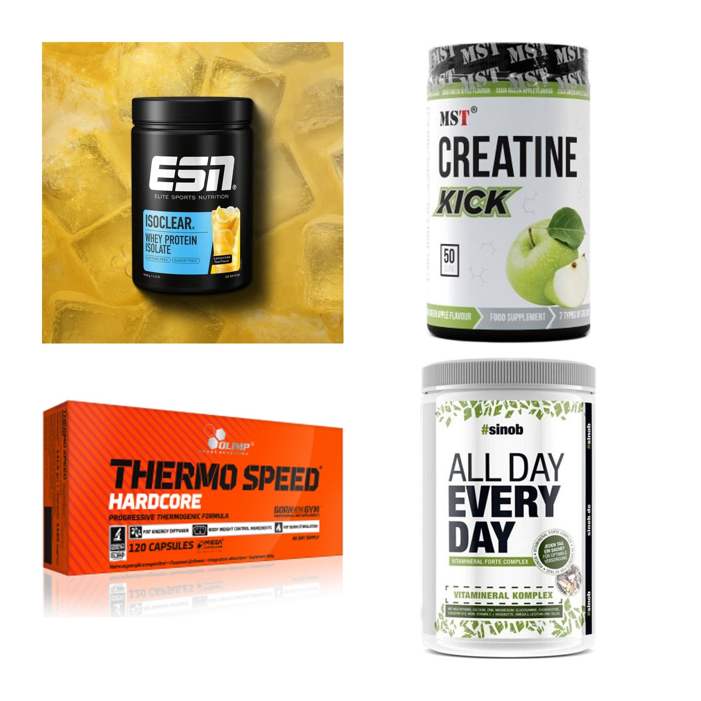 Wettkampfvorbereitung: ESN ISOCLEAR + MST Creatine + 2 weitere – alle enthaltenen Artikel