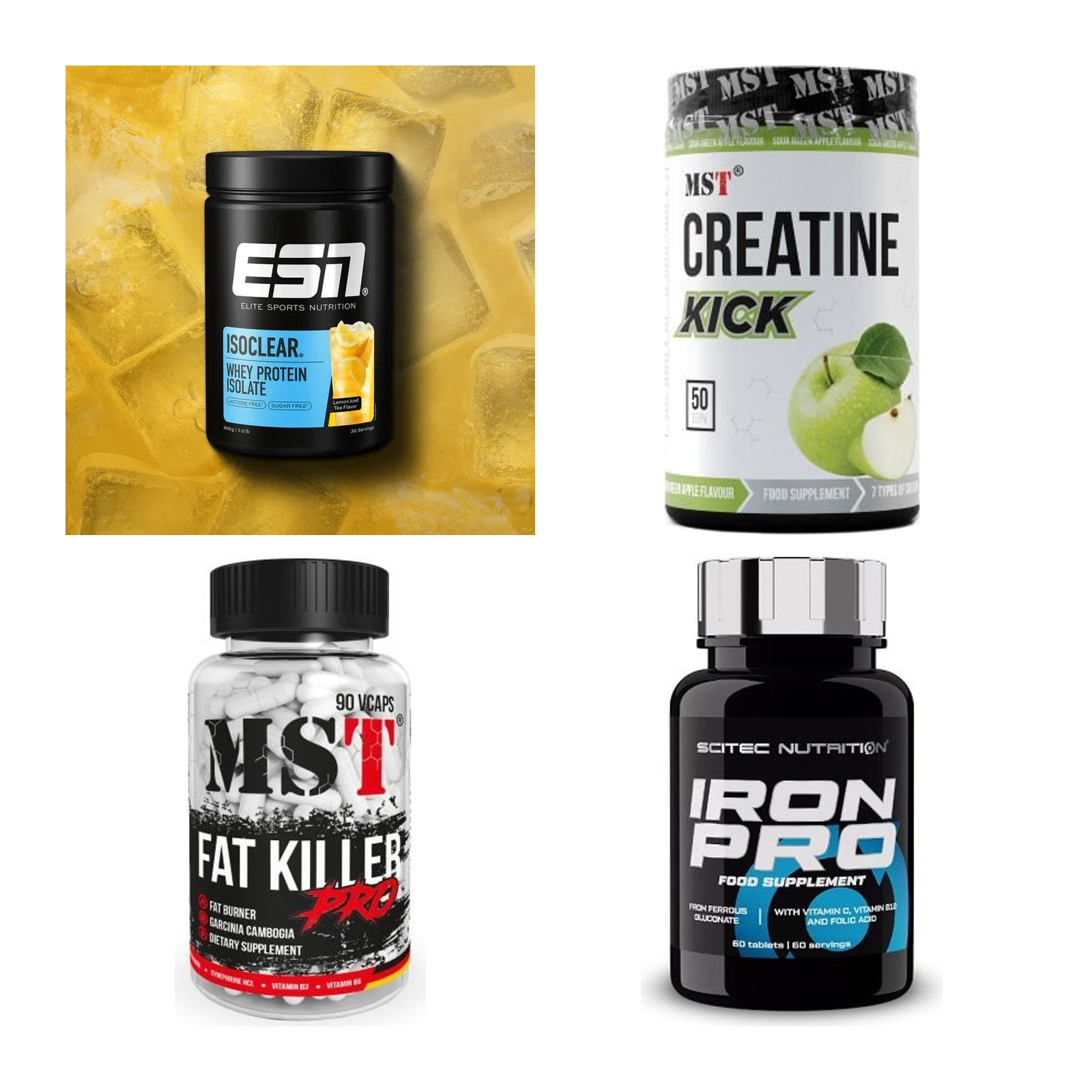 Wettkampfvorbereitung: ESN ISOCLEAR + MST Creatine + 2 weitere – alle enthaltenen Artikel
