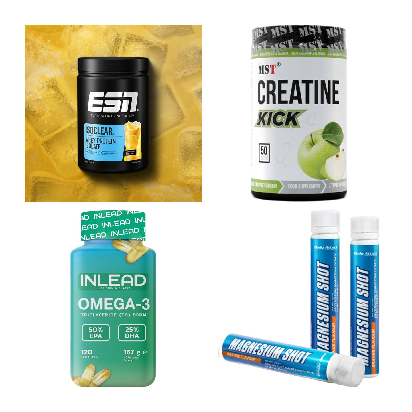 Wettkampfvorbereitung: ESN ISOCLEAR + MST Creatine + 2 weitere – alle enthaltenen Artikel