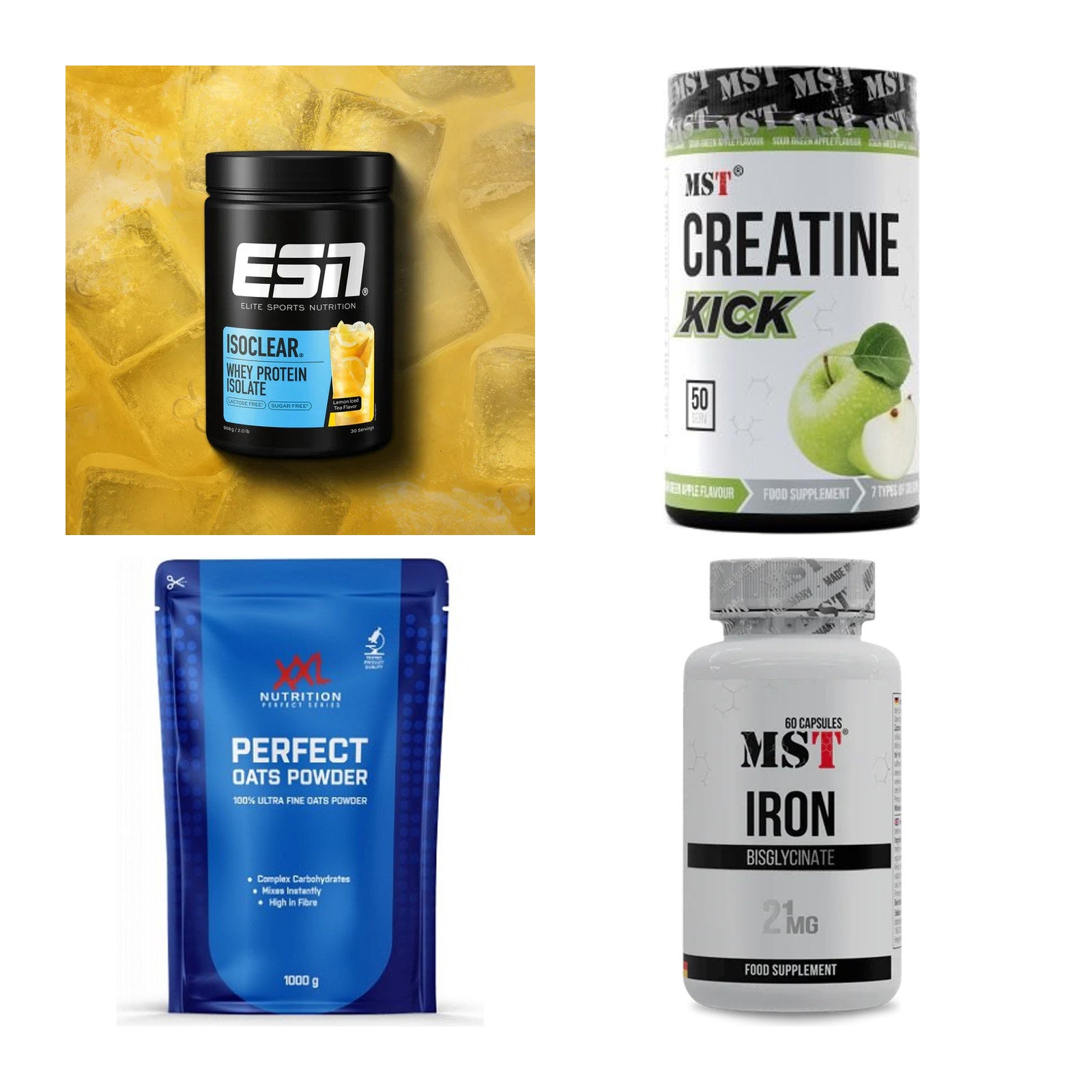 Wettkampfvorbereitung: ESN ISOCLEAR + MST Creatine + 2 weitere – alle enthaltenen Artikel
