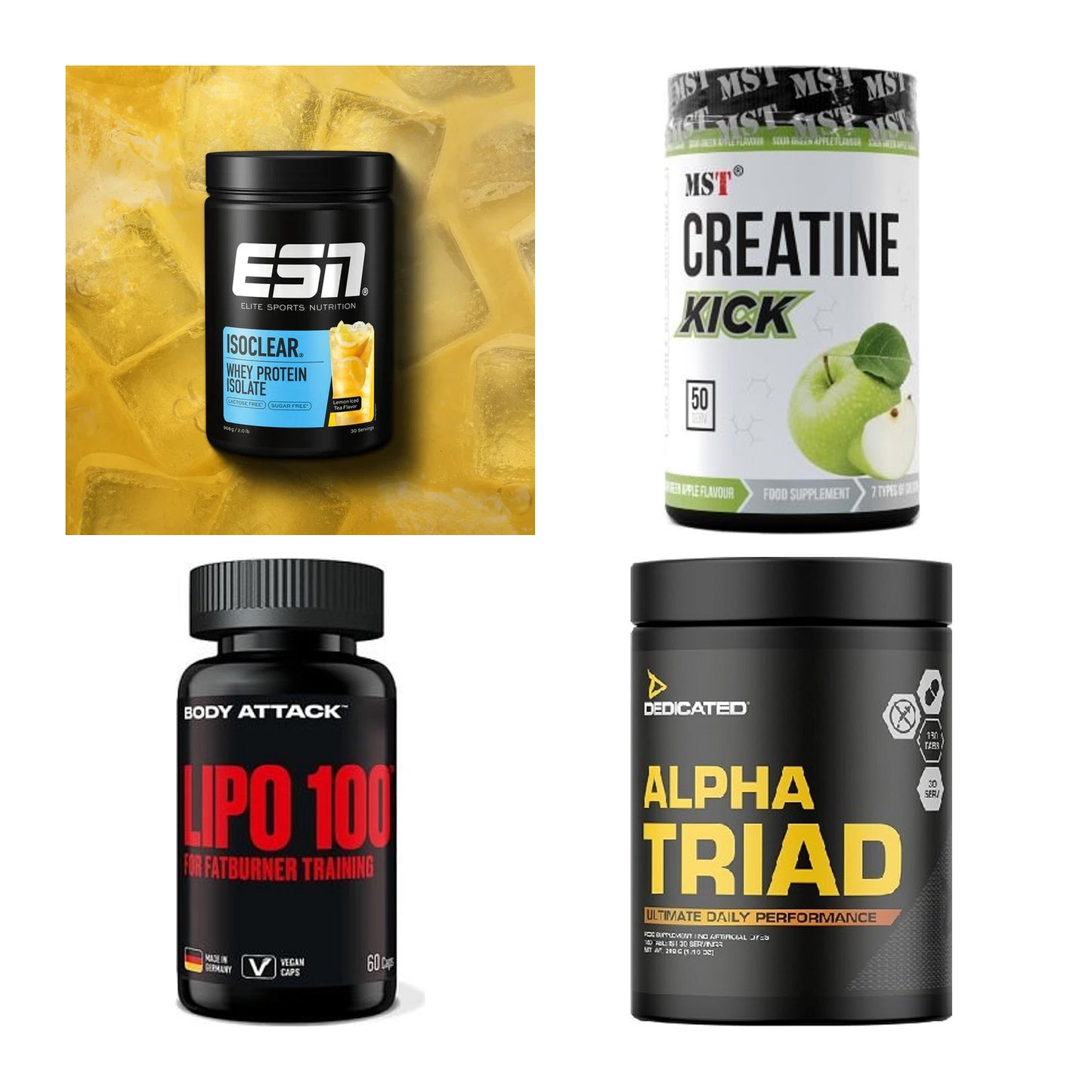 Wettkampfvorbereitung: ESN ISOCLEAR + MST Creatine + 2 weitere – alle enthaltenen Artikel