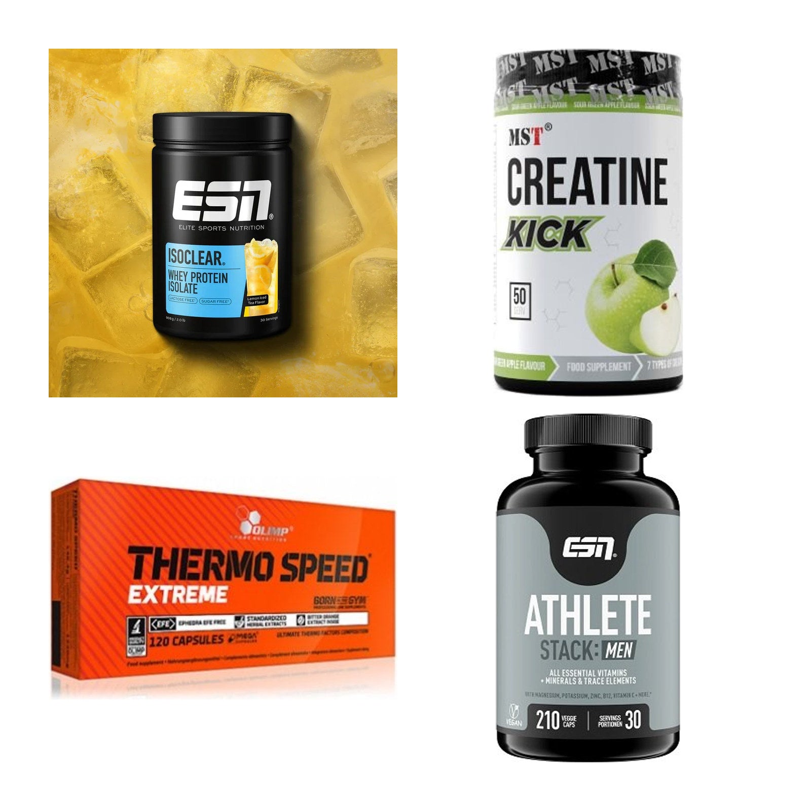 Wettkampfvorbereitung: ESN ISOCLEAR + MST Creatine + 2 weitere – alle enthaltenen Artikel