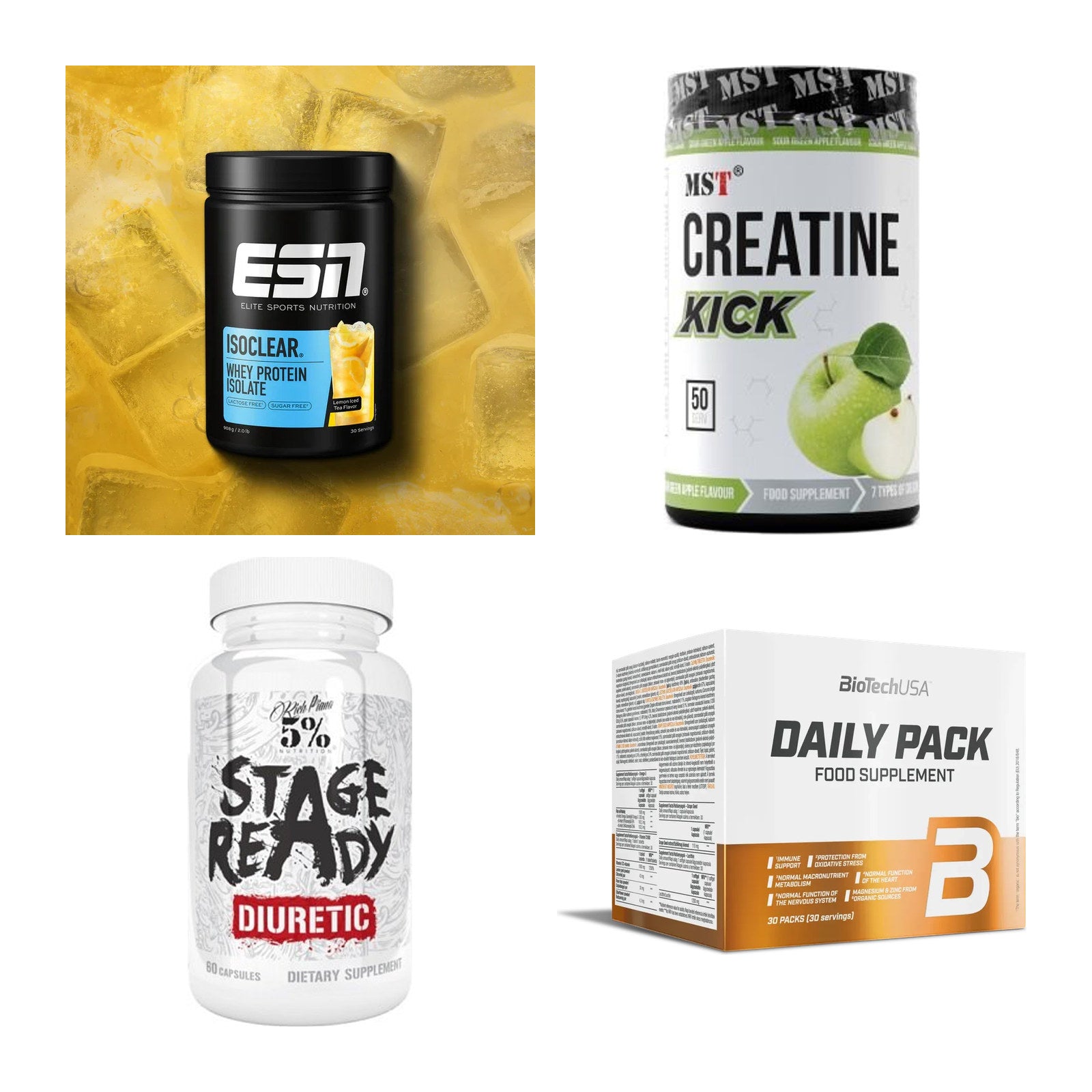 Wettkampfvorbereitung: ESN ISOCLEAR + MST Creatine + 2 weitere – alle enthaltenen Artikel