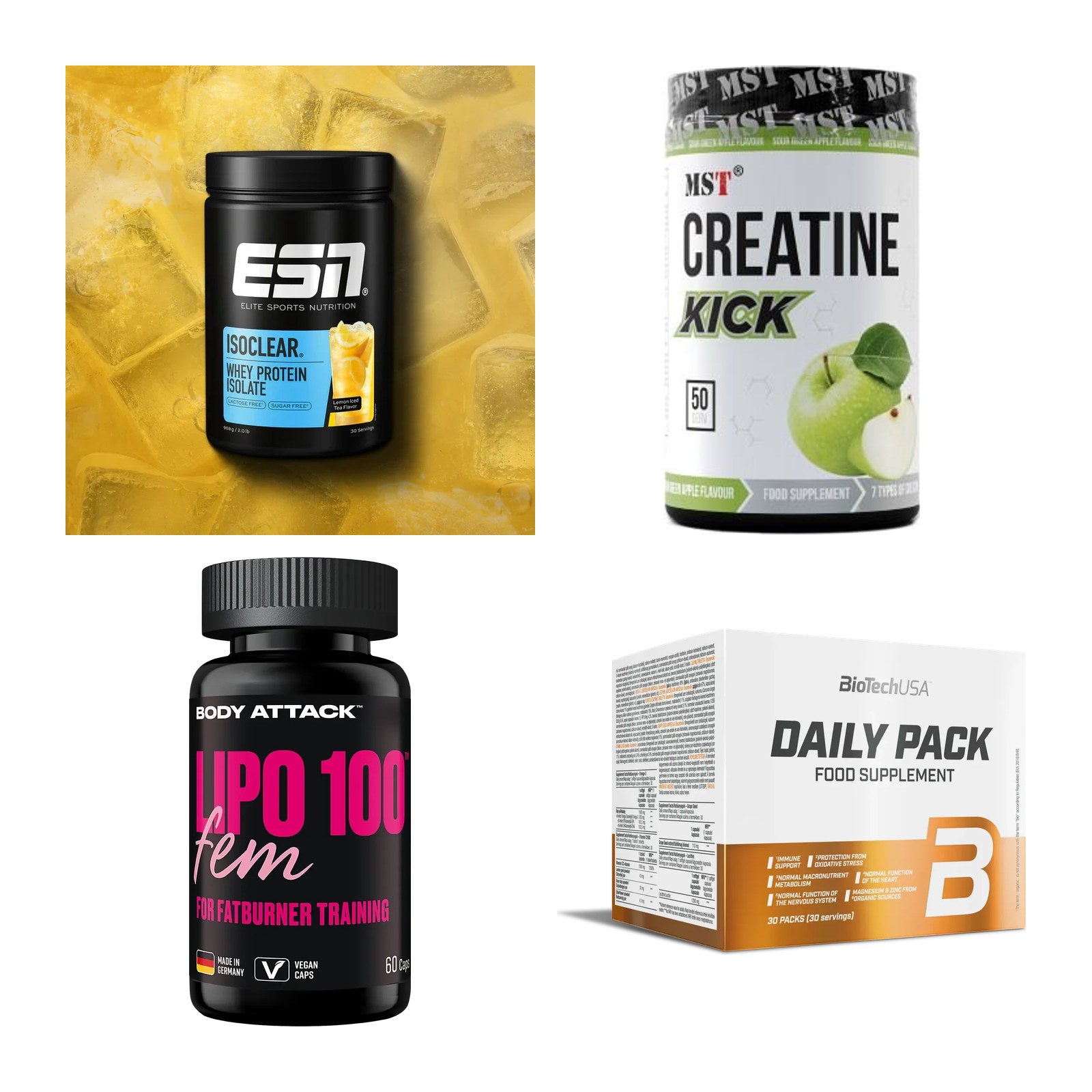 Wettkampfvorbereitung: ESN ISOCLEAR + MST Creatine + 2 weitere – alle enthaltenen Artikel
