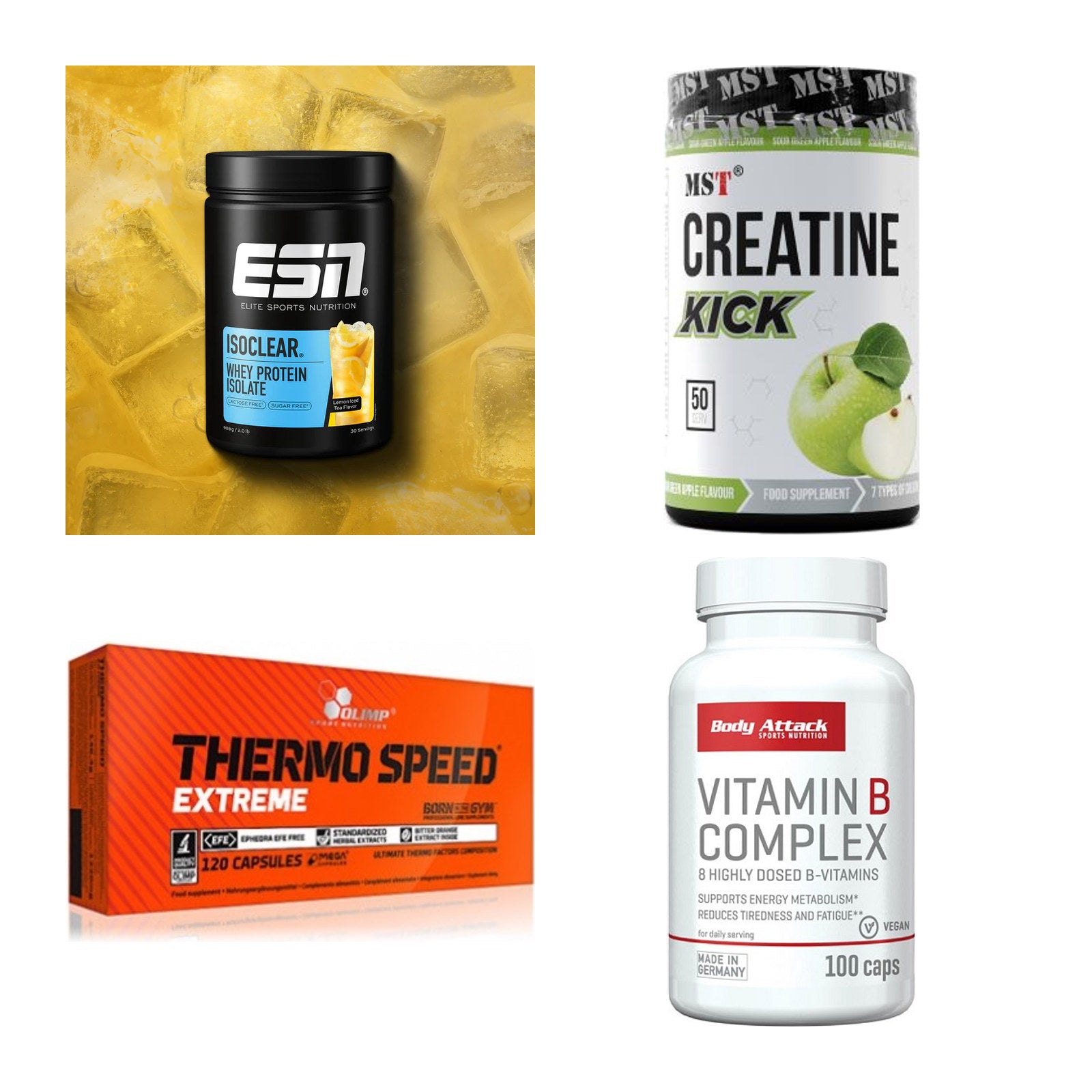 Wettkampfvorbereitung: ESN ISOCLEAR + MST Creatine + 2 weitere – alle enthaltenen Artikel