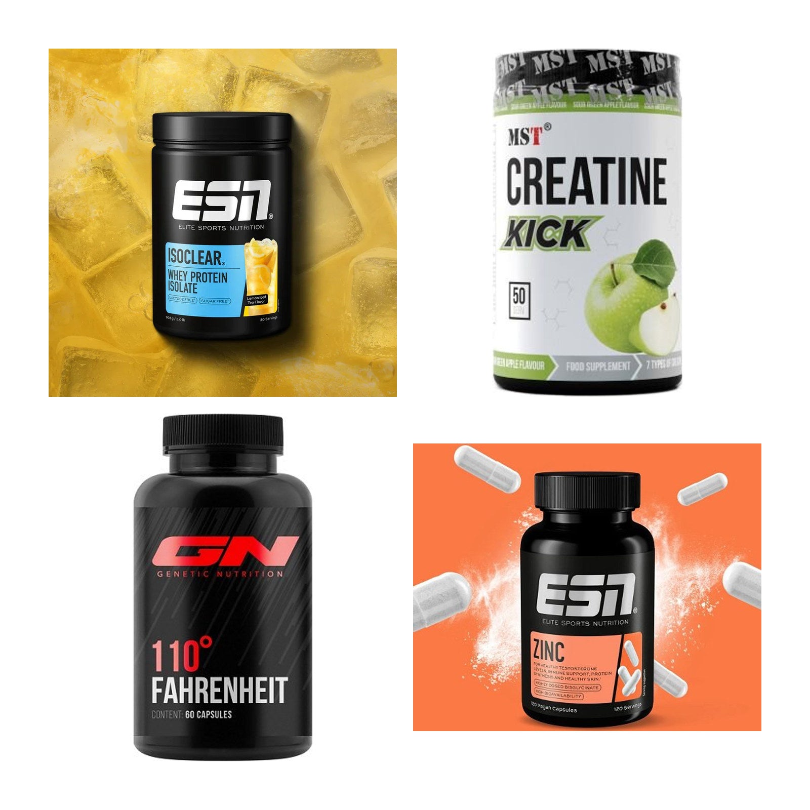 Wettkampfvorbereitung: ESN ISOCLEAR + MST Creatine + 2 weitere – alle enthaltenen Artikel