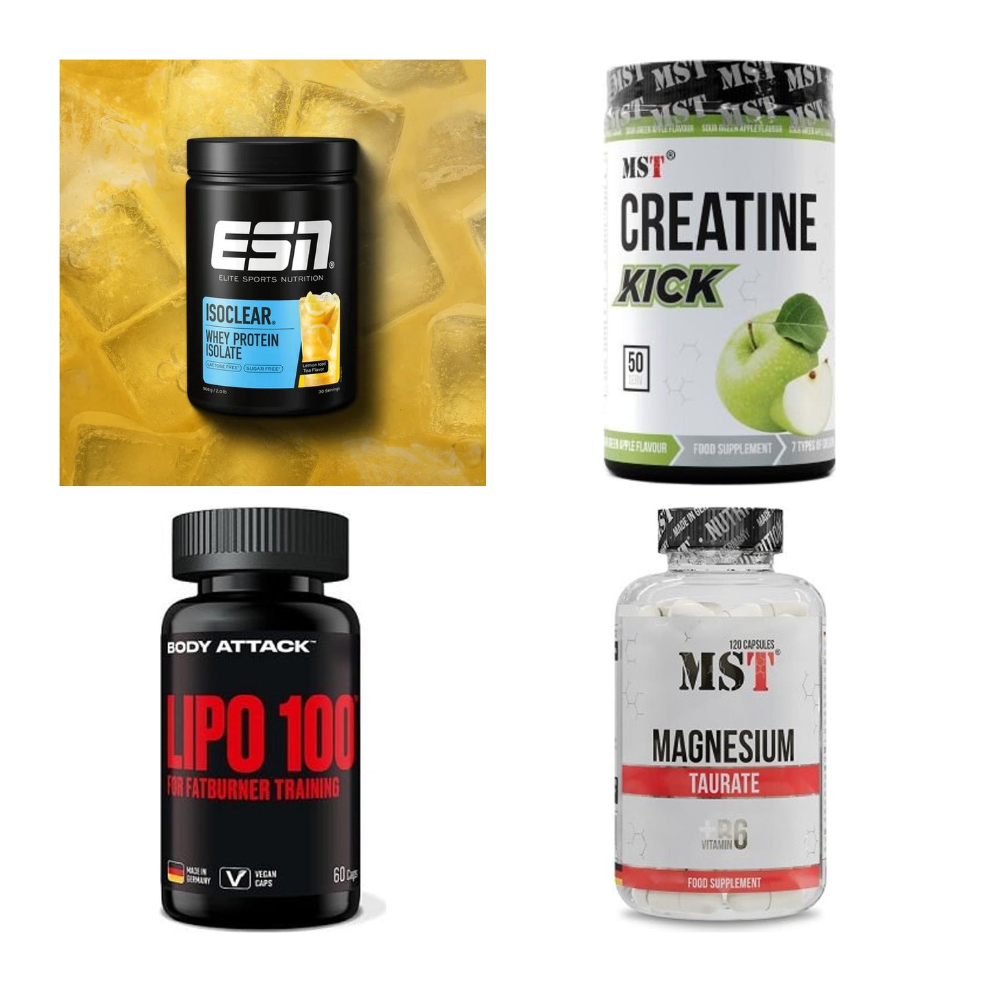 Wettkampfvorbereitung: ESN ISOCLEAR + MST Creatine + 2 weitere – alle enthaltenen Artikel