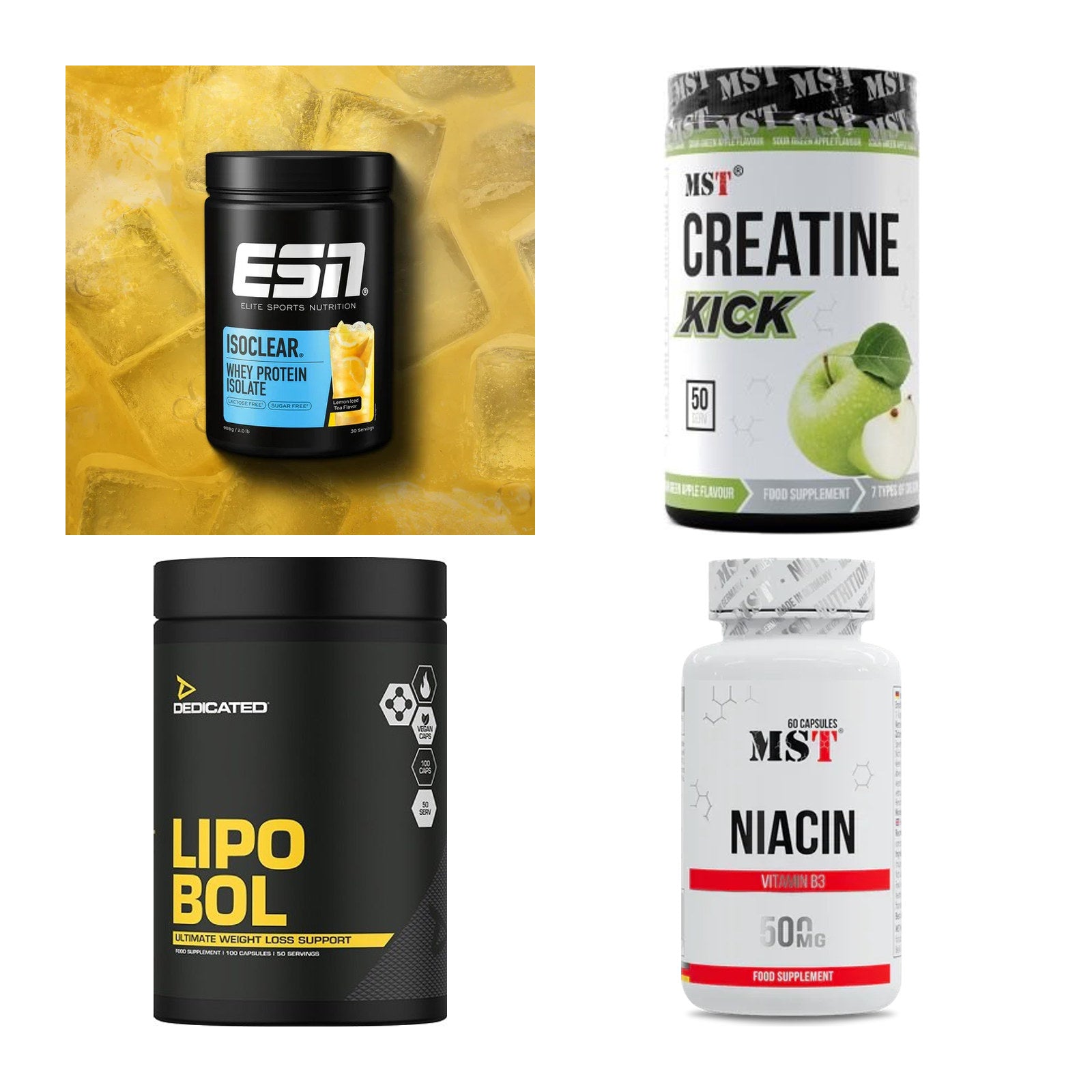 Wettkampfvorbereitung: ESN ISOCLEAR + MST Creatine + 2 weitere – alle enthaltenen Artikel