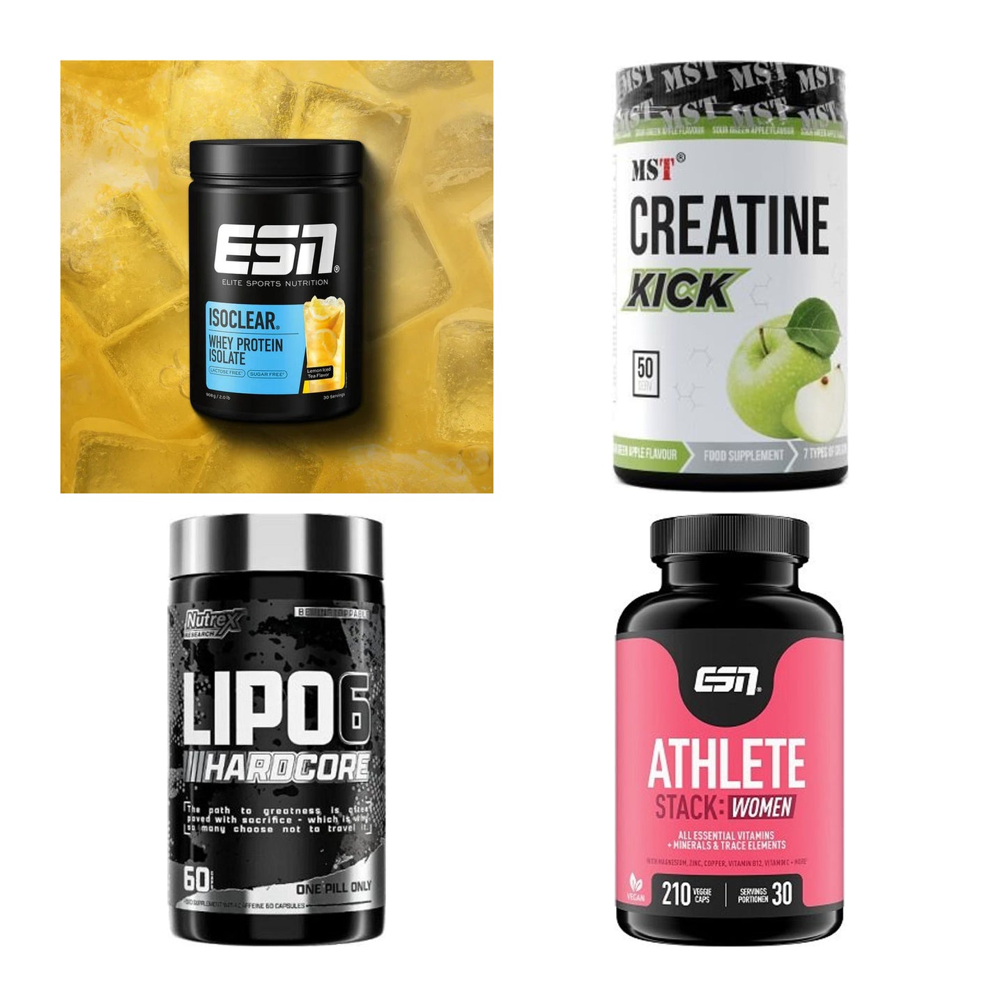 Wettkampfvorbereitung: ESN ISOCLEAR + MST Creatine + 2 weitere – alle enthaltenen Artikel