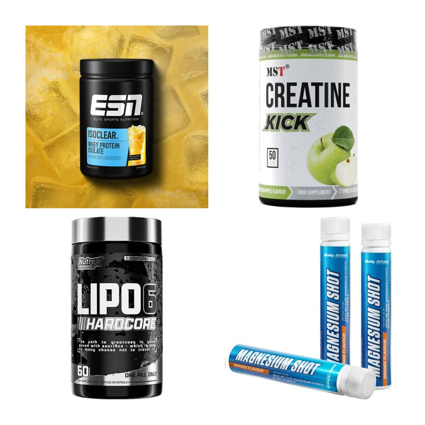 Wettkampfvorbereitung: ESN ISOCLEAR + MST Creatine + 2 weitere – alle enthaltenen Artikel