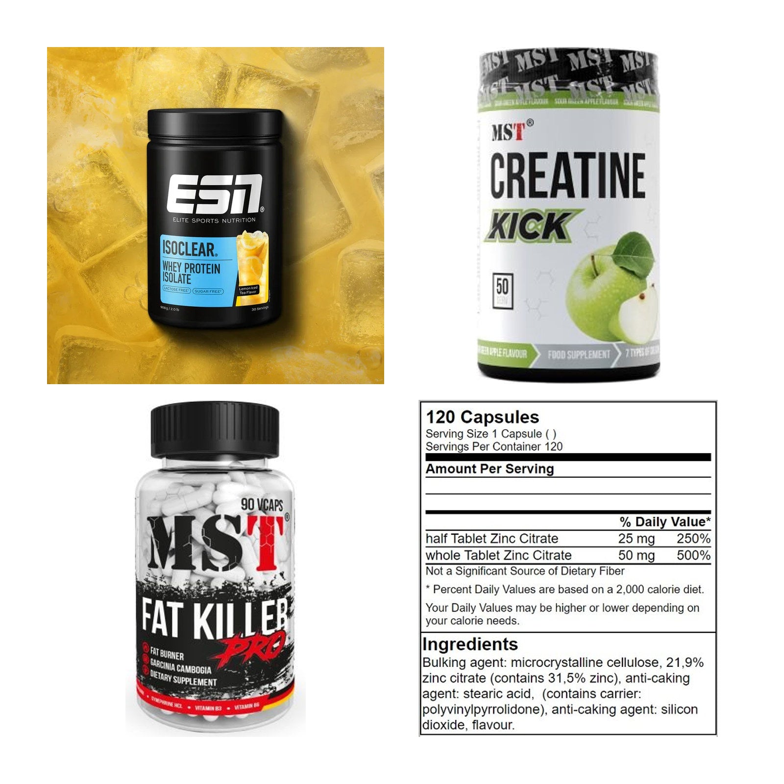 Wettkampfvorbereitung: ESN ISOCLEAR + MST Creatine + 2 weitere – alle enthaltenen Artikel