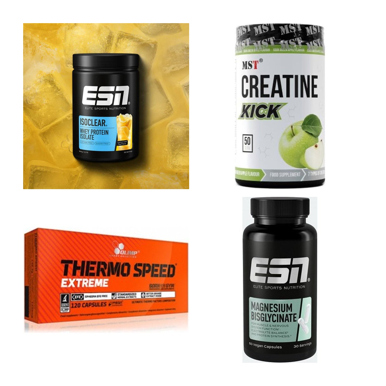 Wettkampfvorbereitung: ESN ISOCLEAR + MST Creatine + 2 weitere – alle enthaltenen Artikel