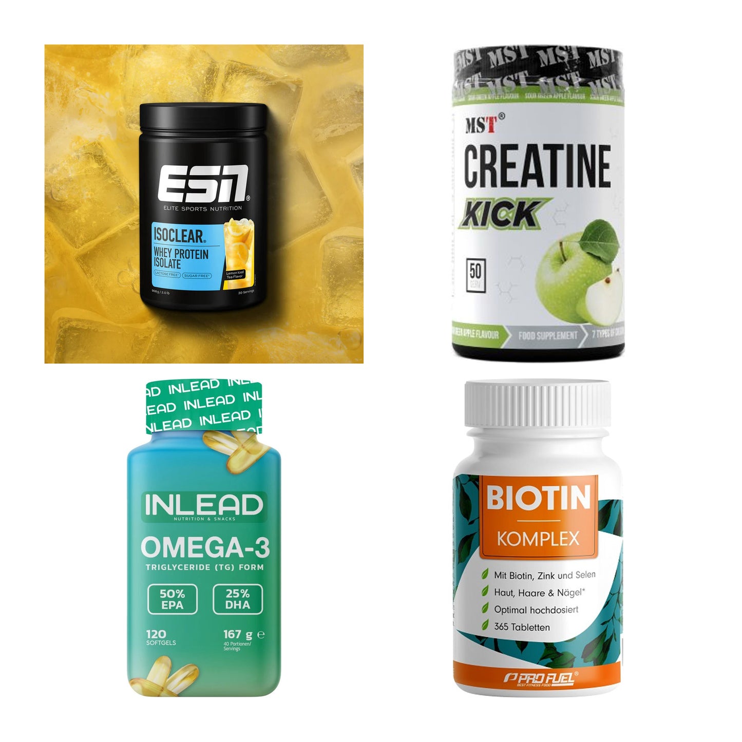 Wettkampfvorbereitung: ESN ISOCLEAR + MST Creatine + 2 weitere – alle enthaltenen Artikel