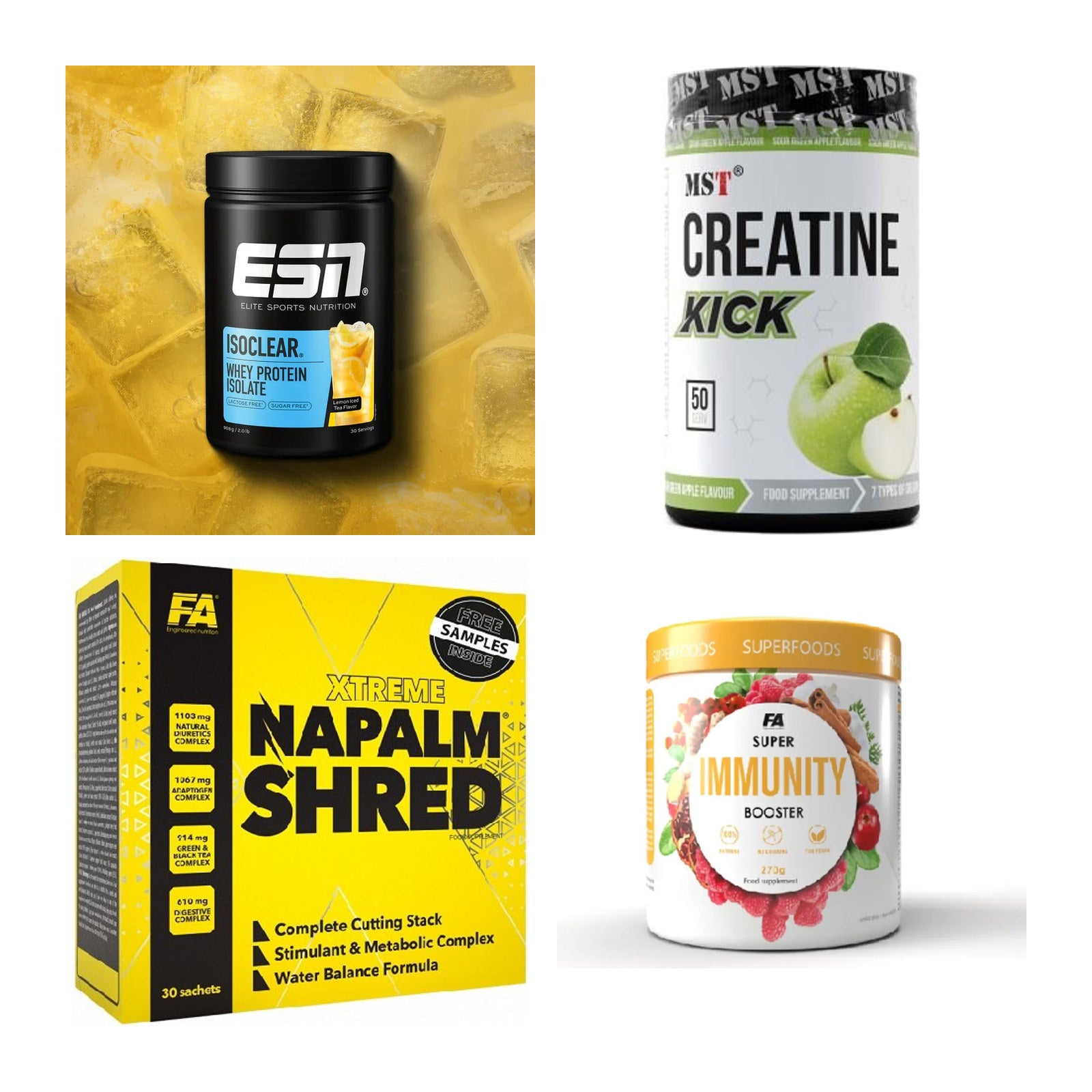 Wettkampfvorbereitung: ESN ISOCLEAR + MST Creatine + 2 weitere – alle enthaltenen Artikel