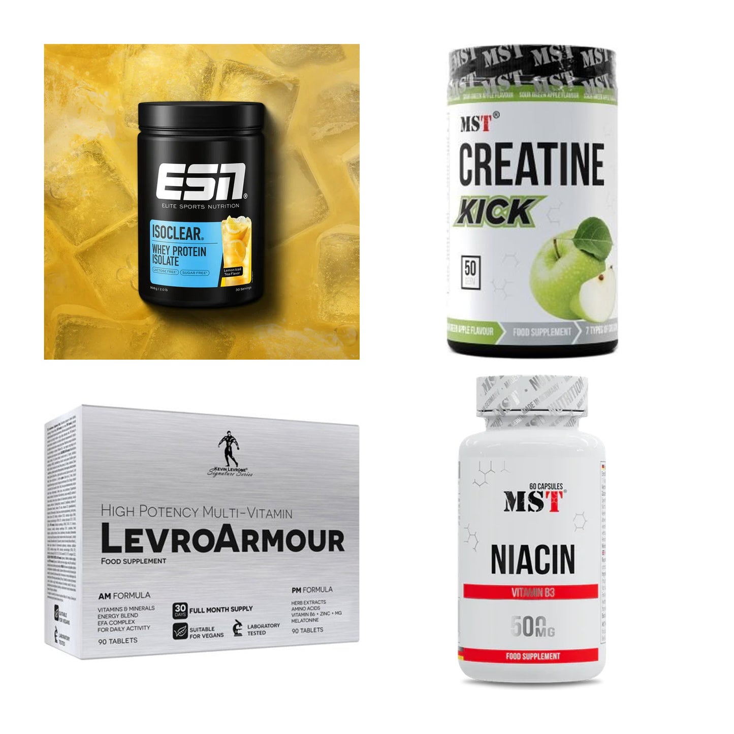 Wettkampfvorbereitung: ESN ISOCLEAR + MST Creatine + 2 weitere – alle enthaltenen Artikel