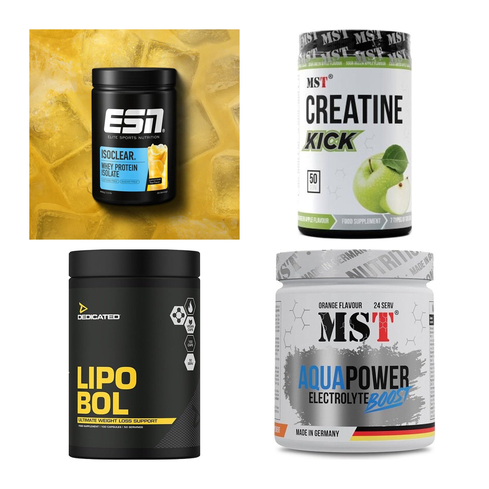 Wettkampfvorbereitung: ESN ISOCLEAR + MST Creatine + 2 weitere – alle enthaltenen Artikel