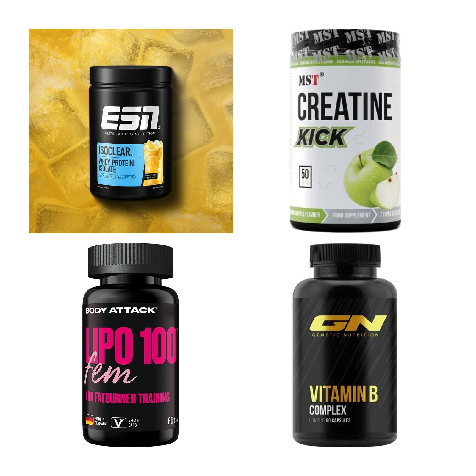 Wettkampfvorbereitung: ESN ISOCLEAR + MST Creatine + 2 weitere – alle enthaltenen Artikel
